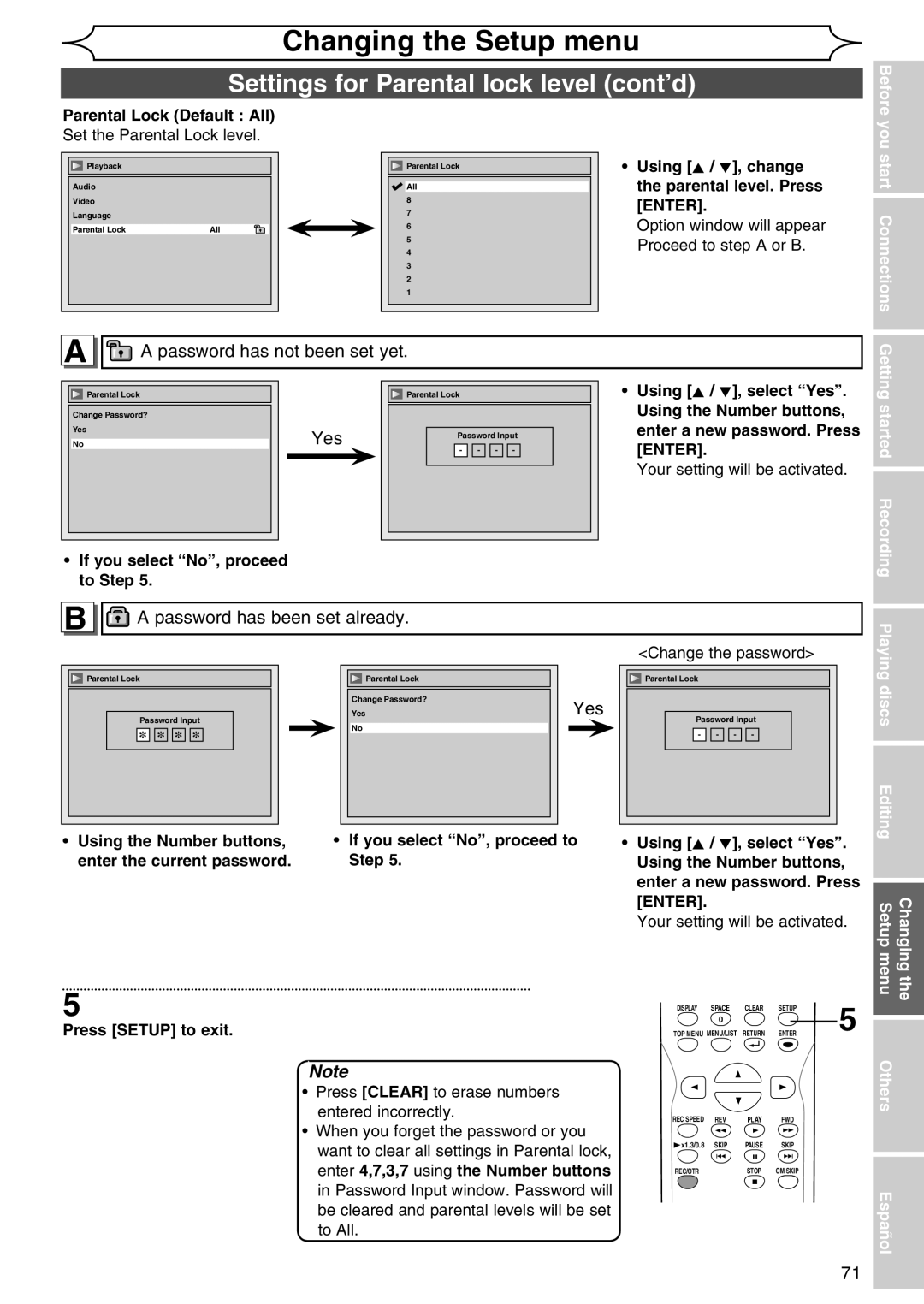 Sylvania DVR90DG owner manual Settings for Parental lock level cont’d, Yes 