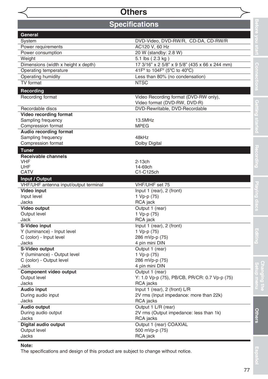 Sylvania DVR90DG owner manual Specifications, General, Tuner, Input / Output 