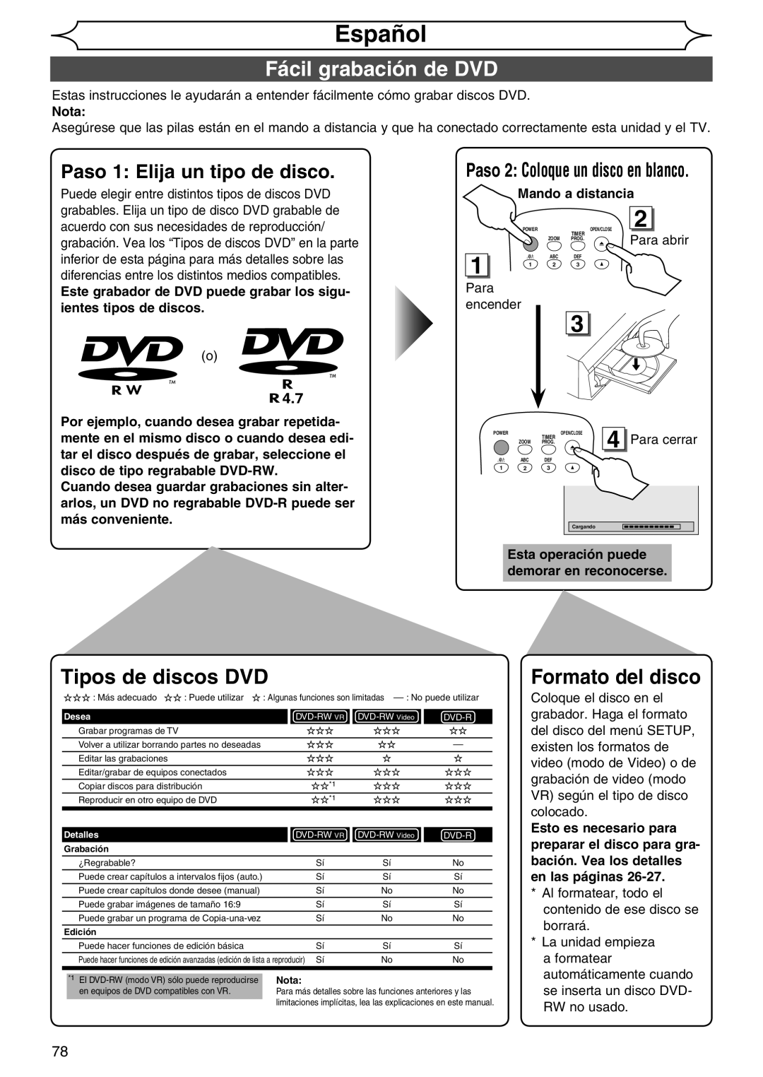 Sylvania DVR90DG owner manual Español, Fácil grabación de DVD 