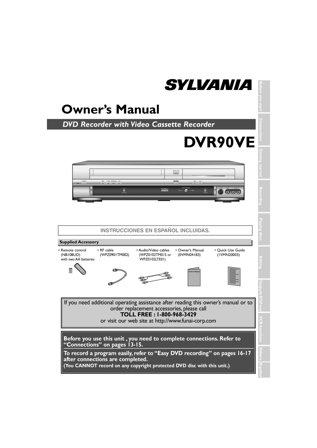 Sylvania DVR90VE owner manual Supplied Accessory, Remote control RF cable, NB108UD WPZ0901TM002 WPZ0102TM015 or 
