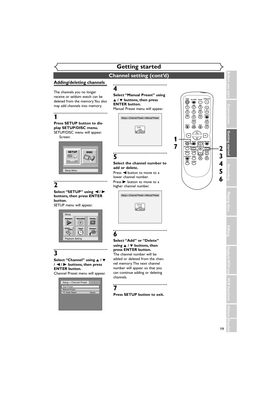 Sylvania DVR90VE owner manual Channel setting cont’d, Select Manual Preset using Buttons, then press Enter button 