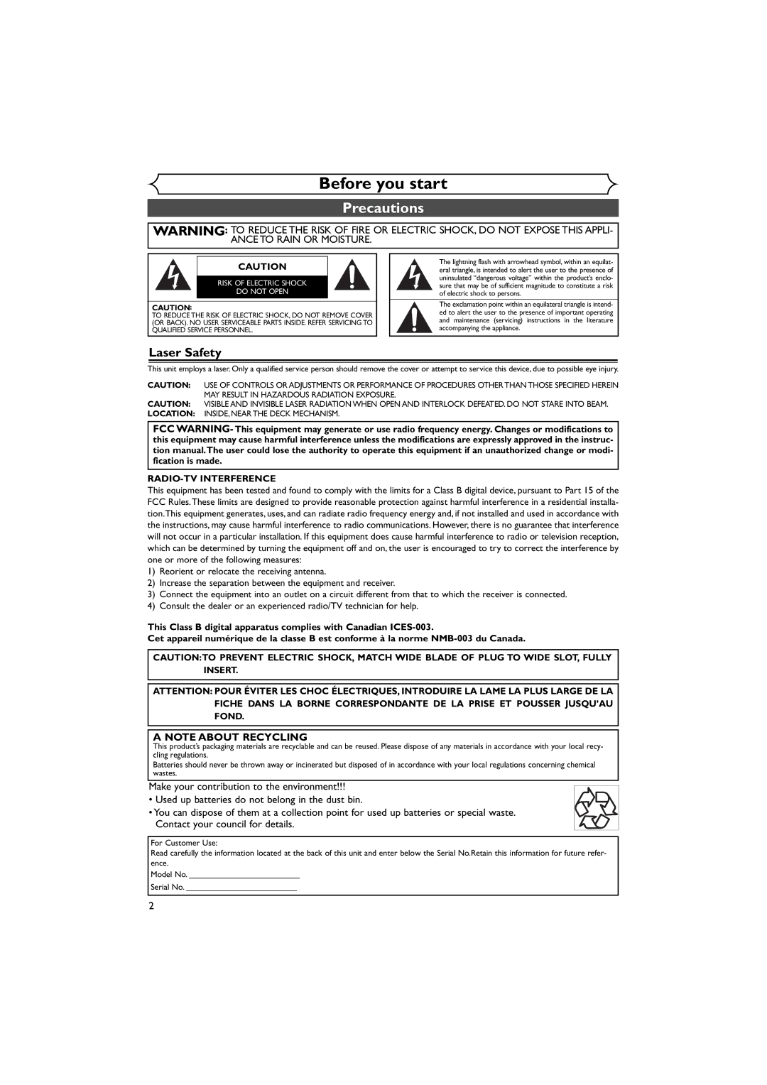 Sylvania DVR90VE owner manual Before you start, Precautions, Laser Safety, Model No Serial No 