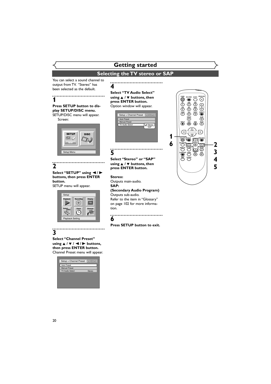 Sylvania DVR90VE Selecting the TV stereo or SAP, Option window will appear, Outputs main-audio, Secondary Audio Program 