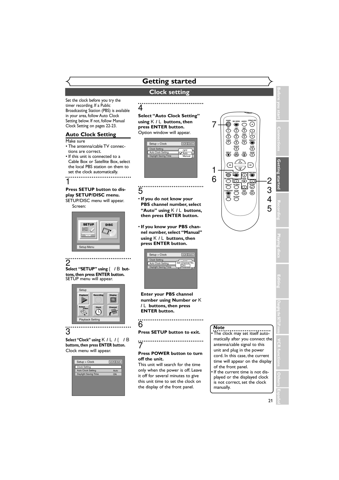 Sylvania DVR90VE owner manual Clock setting, Auto Clock Setting, Select Setup using / B but 