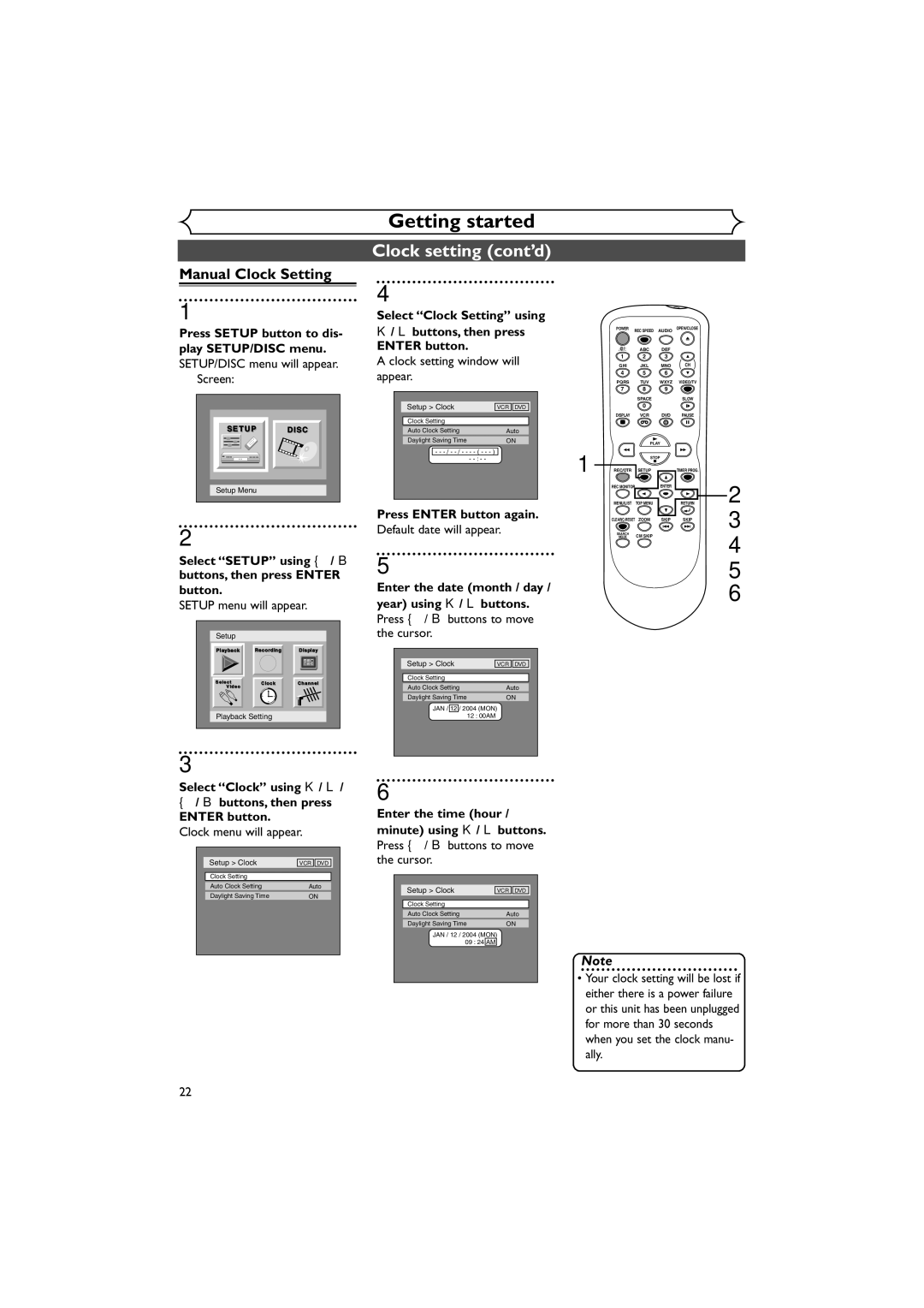 Sylvania DVR90VE Clock setting cont’d, Manual Clock Setting, Select Clock Setting using Buttons, then press Enter button 