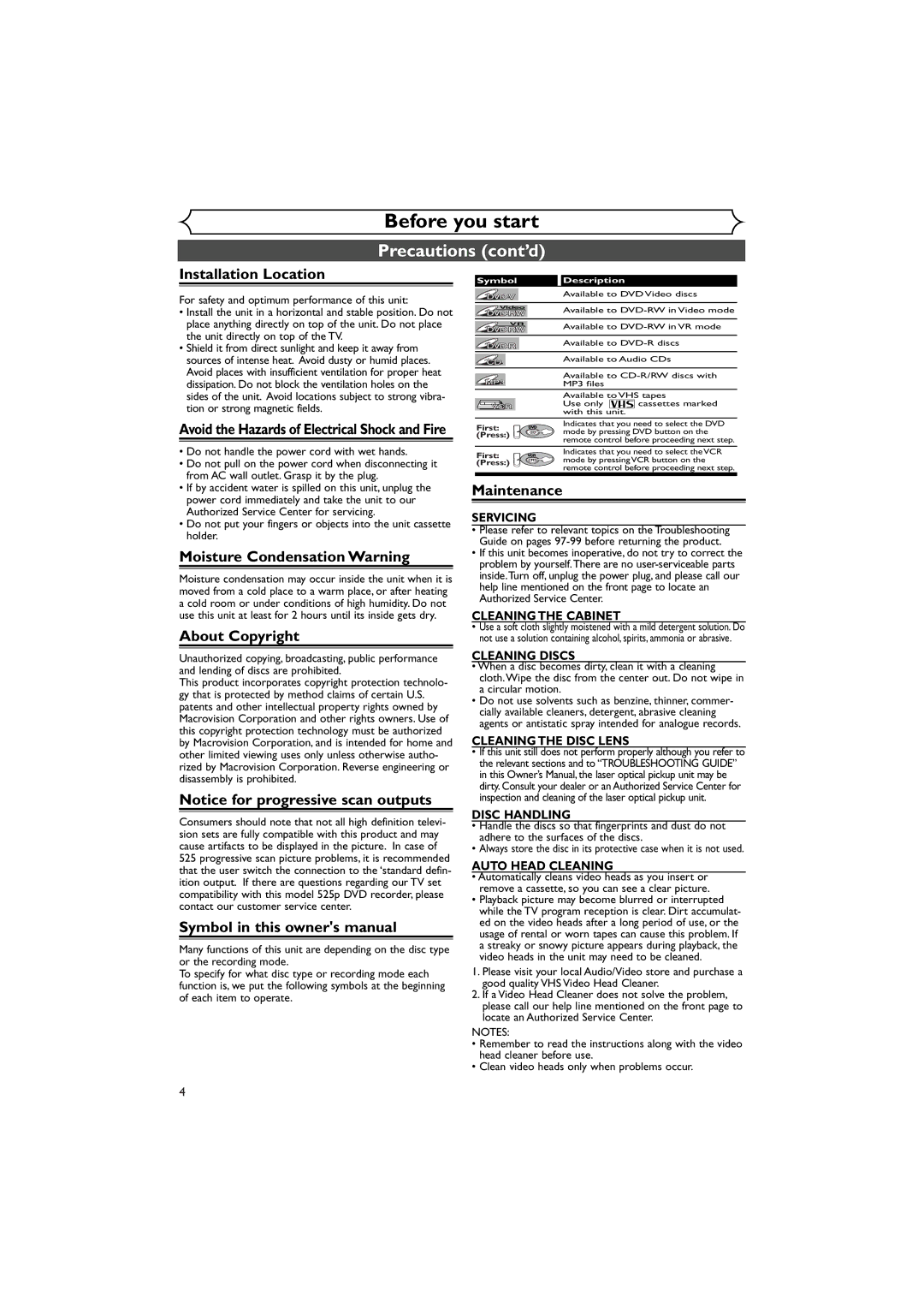 Sylvania DVR90VE owner manual Installation Location, Moisture Condensation Warning, About Copyright, Maintenance 