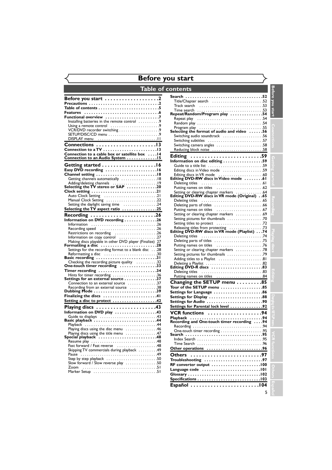 Sylvania DVR90VE owner manual Table of contents 