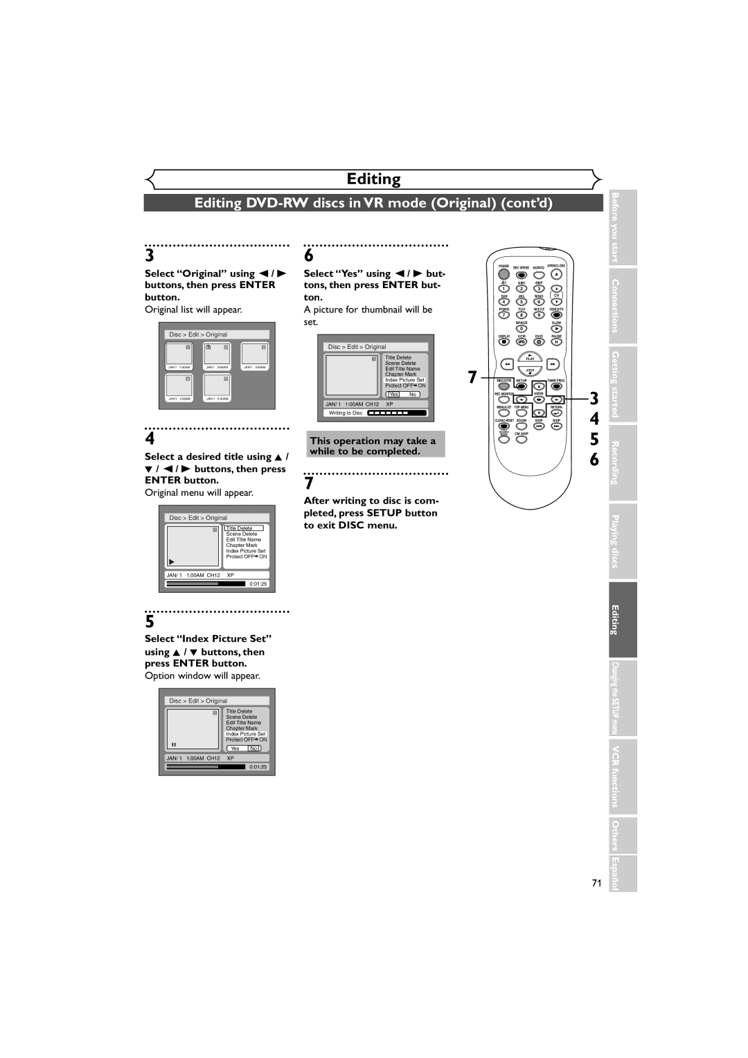 Sylvania DVR90VE owner manual Button Ton, Picture for thumbnail will be, Pleted, press Setup button, To exit Disc menu 