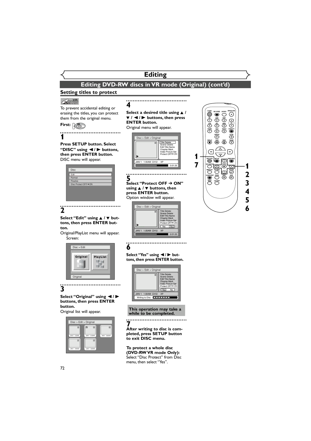 Sylvania DVR90VE owner manual Setting titles to protect, Select Original using / B buttons, then press Enter button 