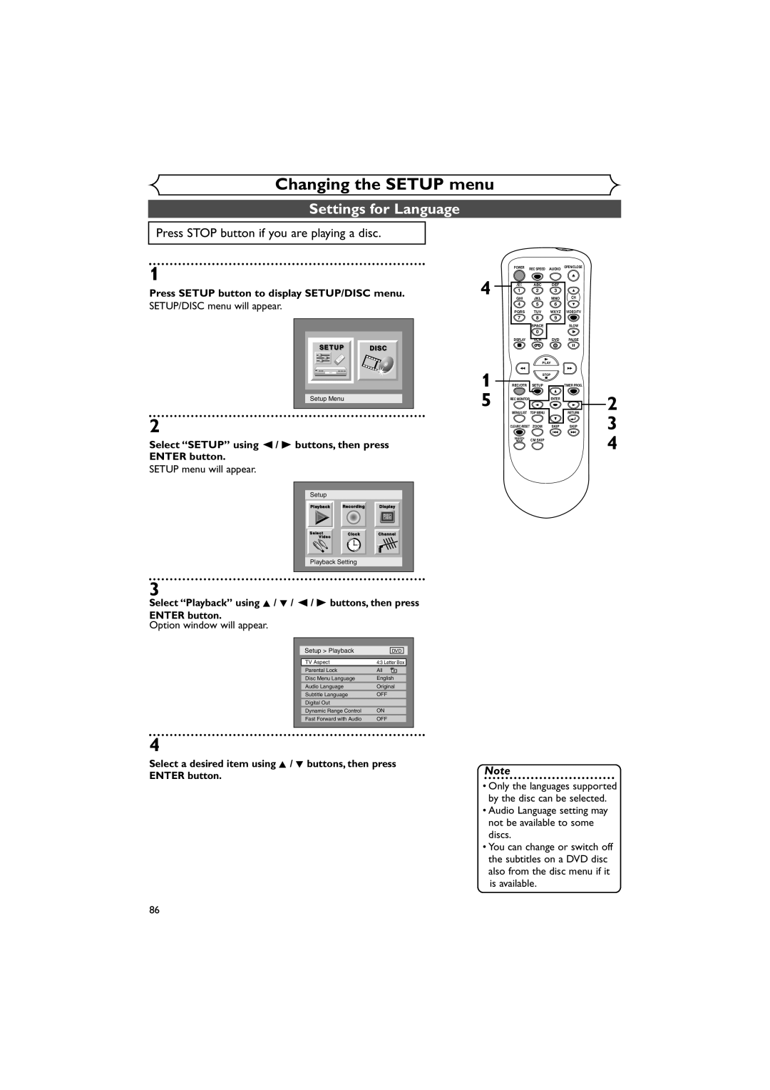 Sylvania DVR90VE owner manual Settings for Language, Press Setup button to display SETUP/DISC menu 