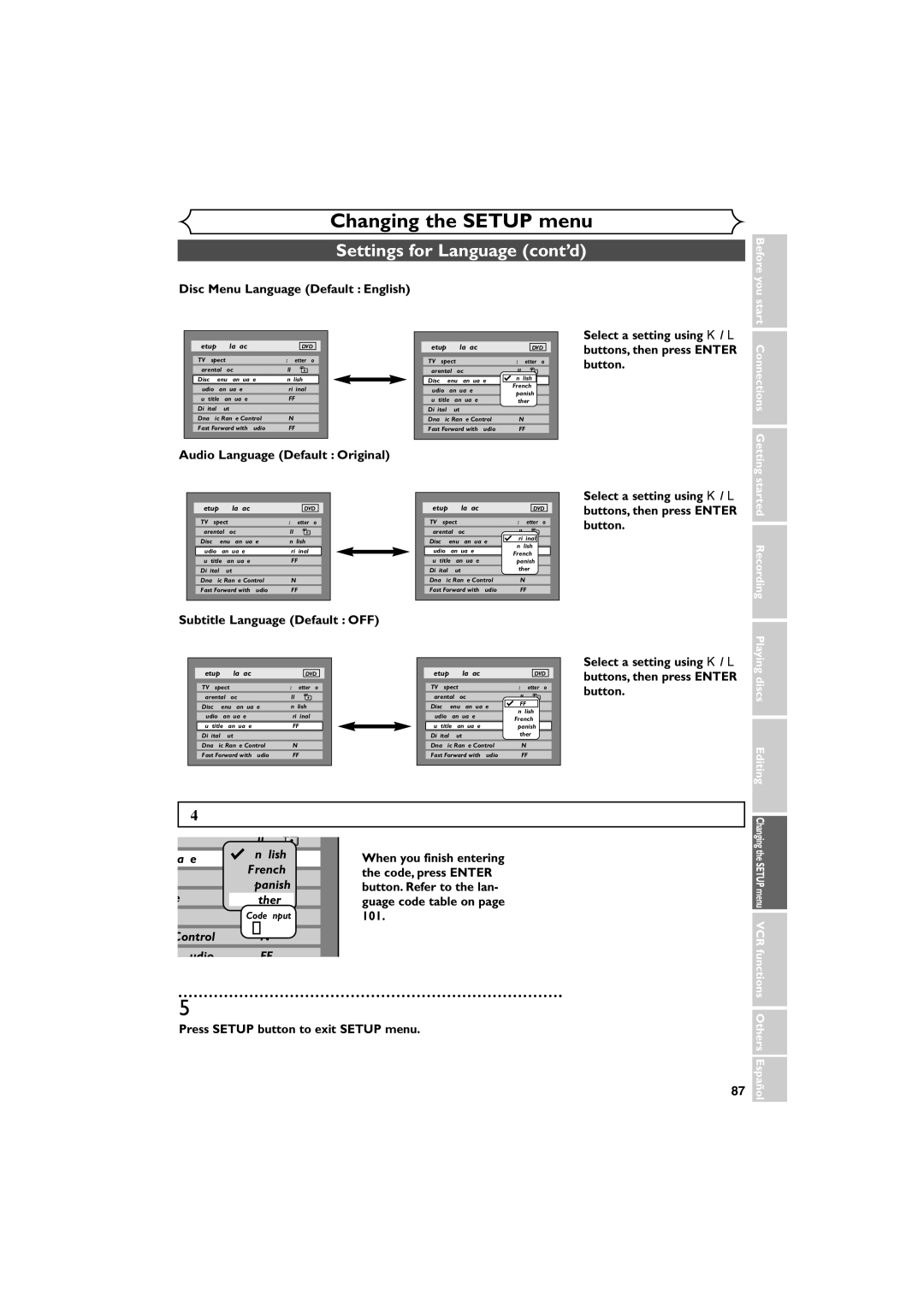 Sylvania DVR90VE owner manual Settings for Language cont’d 