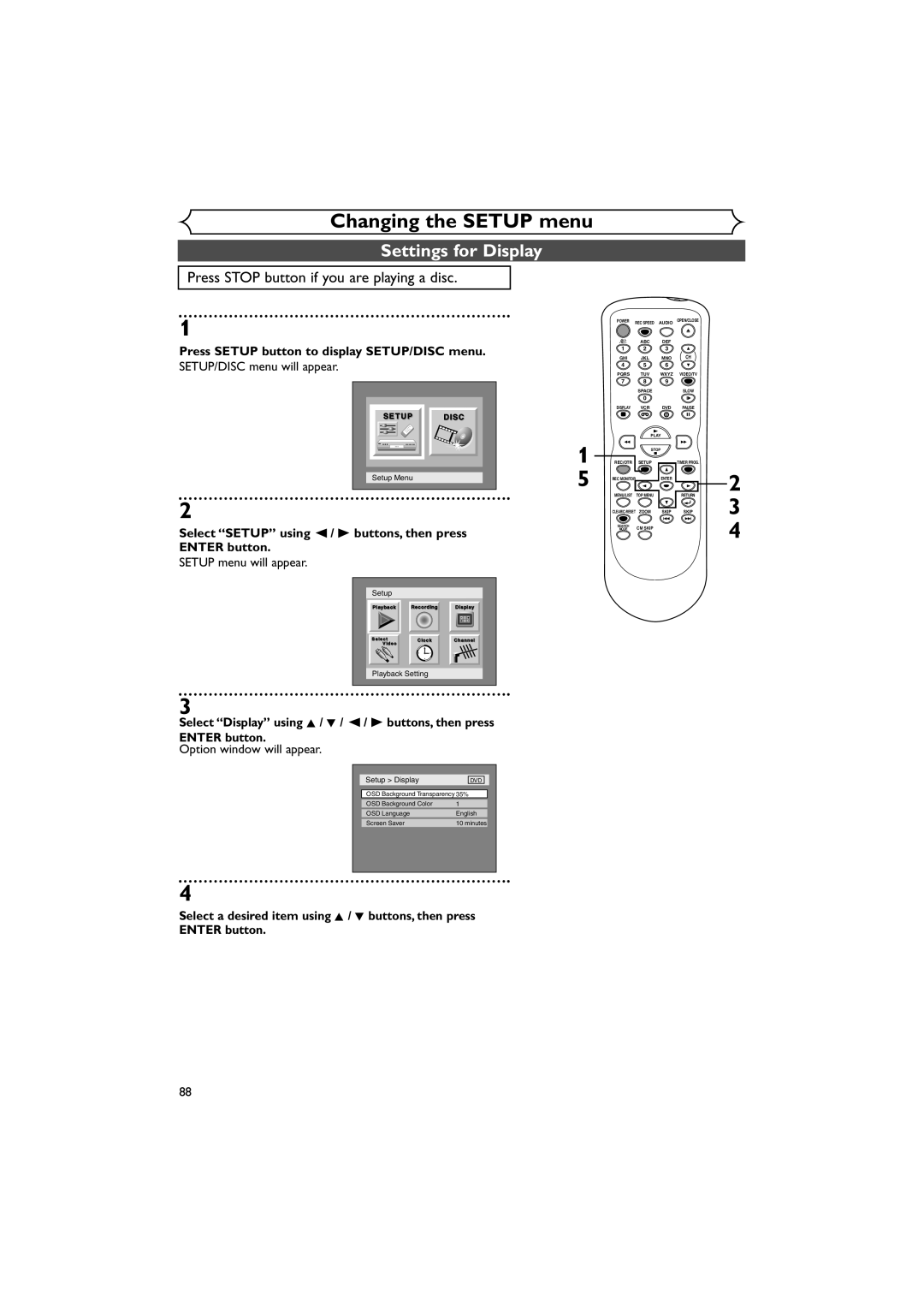 Sylvania DVR90VE owner manual Settings for Display, Setup Display 