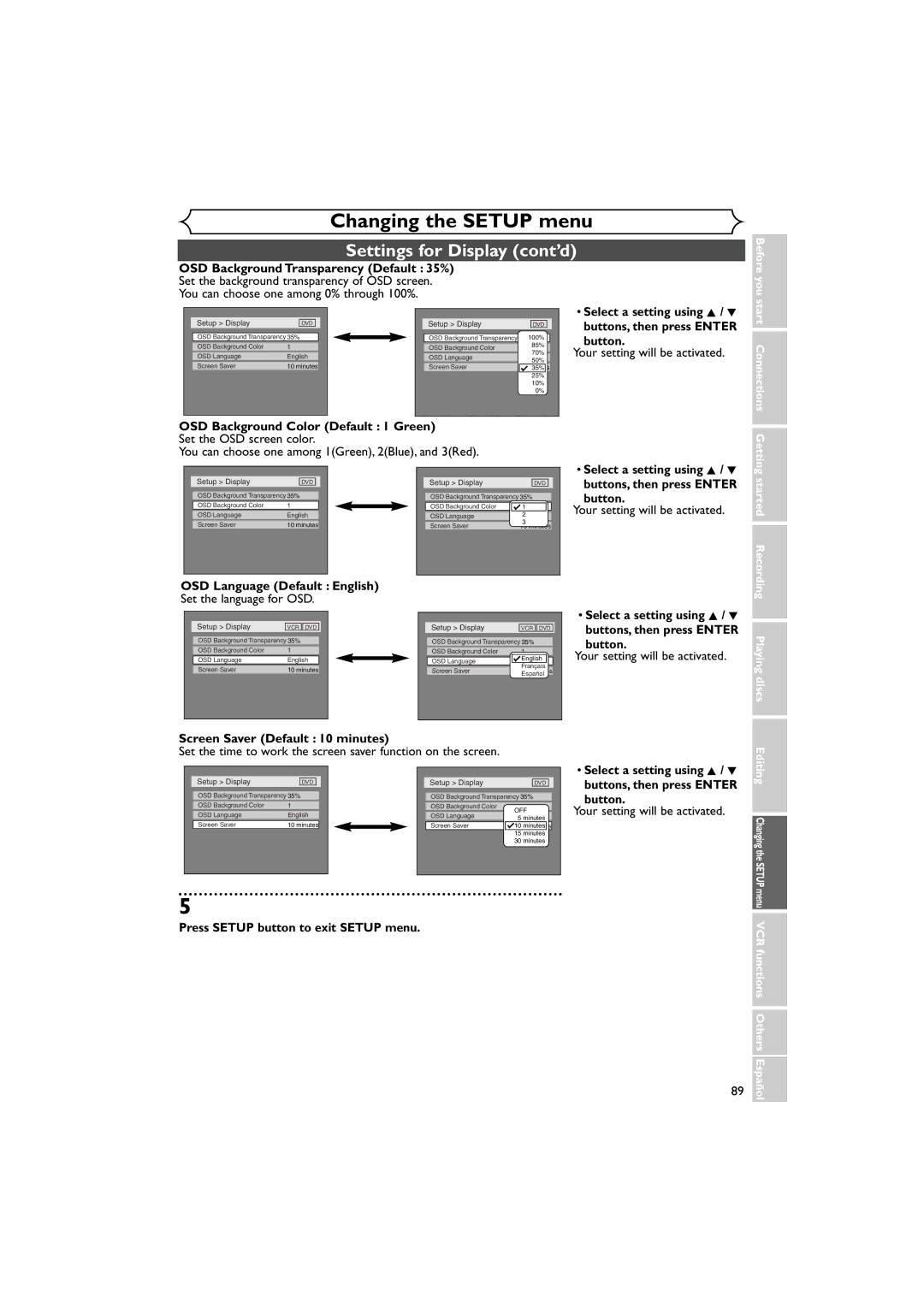 Sylvania DVR90VE Settings for Display cont’d, OSD Background Transparency Default 35%, Screen Saver Default 10 minutes 