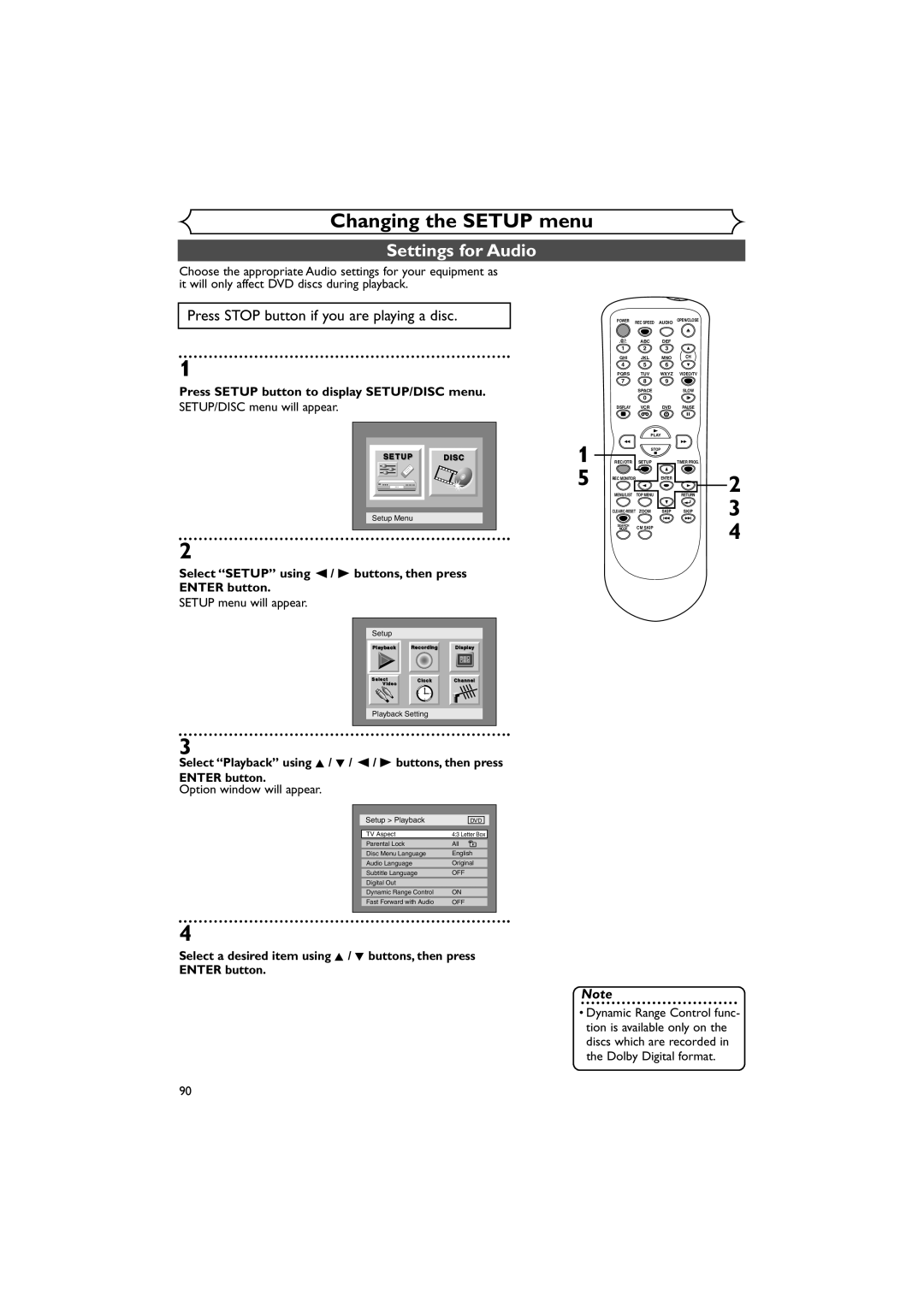 Sylvania DVR90VE owner manual Settings for Audio, Setup Menu 