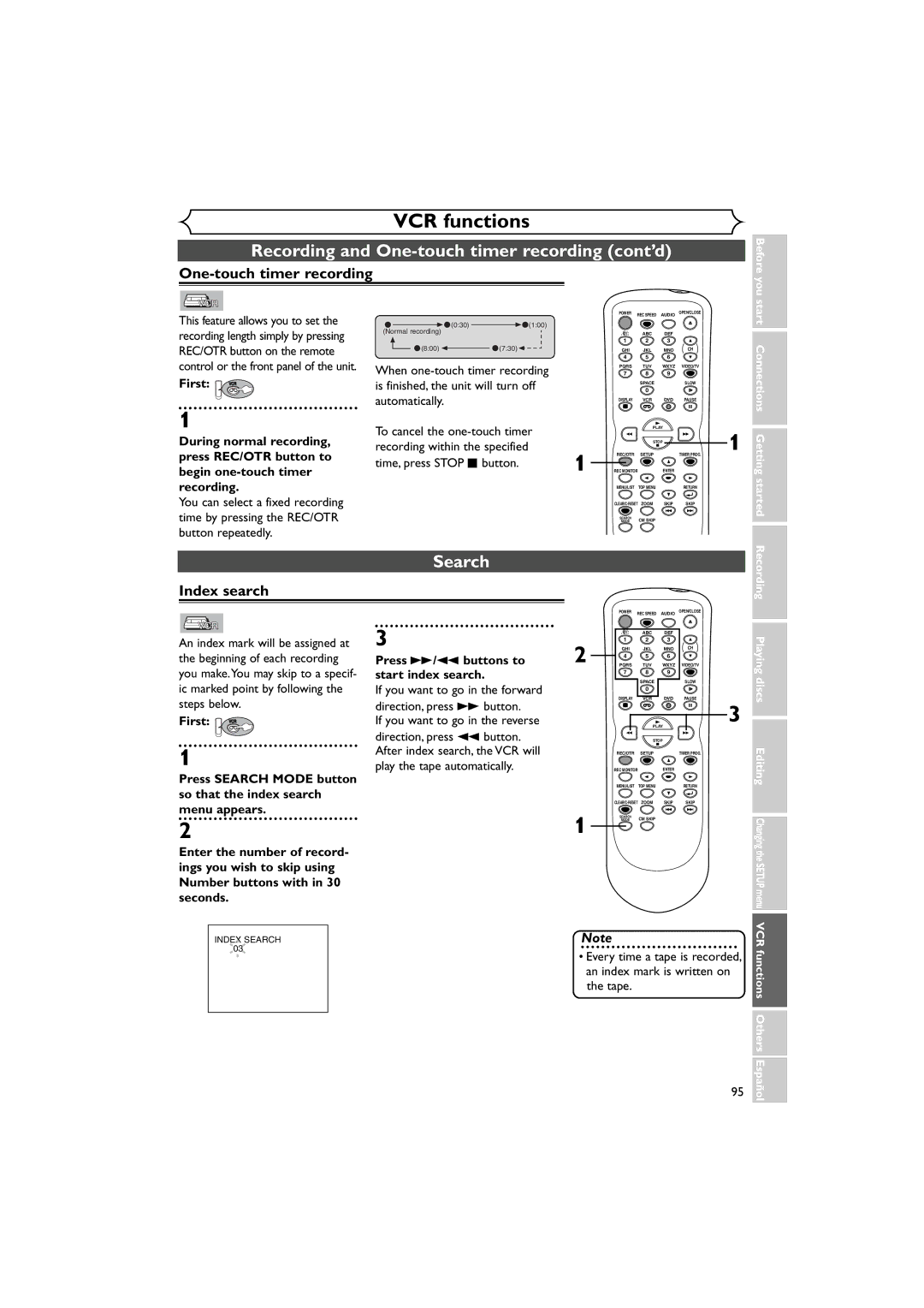 Sylvania DVR90VE One-touch timer recording, Index search, Tape, Every time a tape is recorded, An index mark is written on 