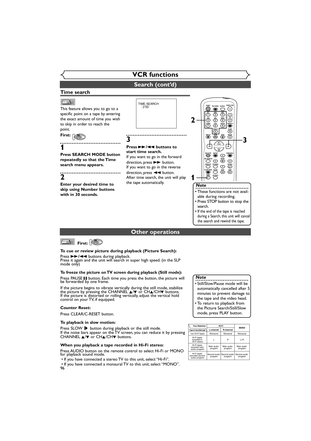 Sylvania DVR90VE Other operations, Press g/h buttons to start time search, Counter Reset, To playback in slow motion 