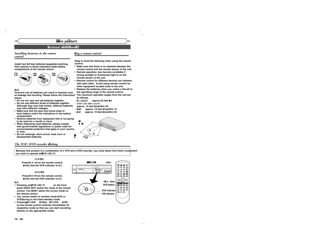 Sylvania DVR90VG manual Installing batteries in the remote control, Using a remote control, VCR / DVD recorder switching 