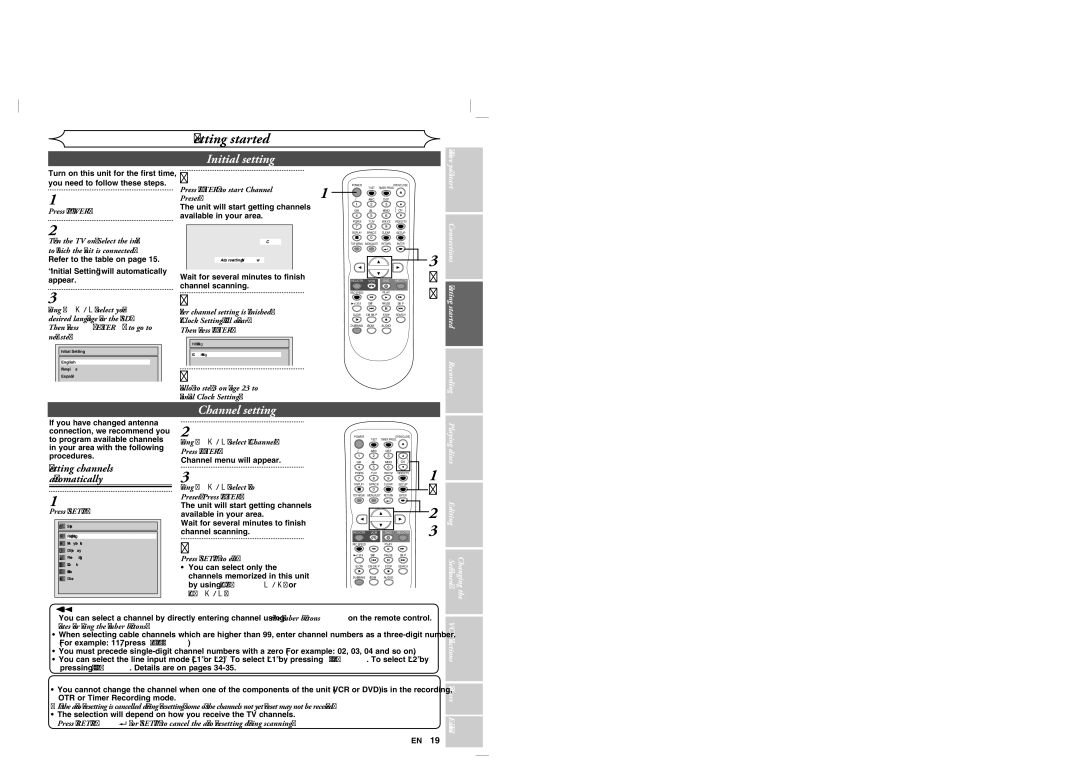 Sylvania DVR90VG manual Initial setting, Channel setting, Getting channels automatically 