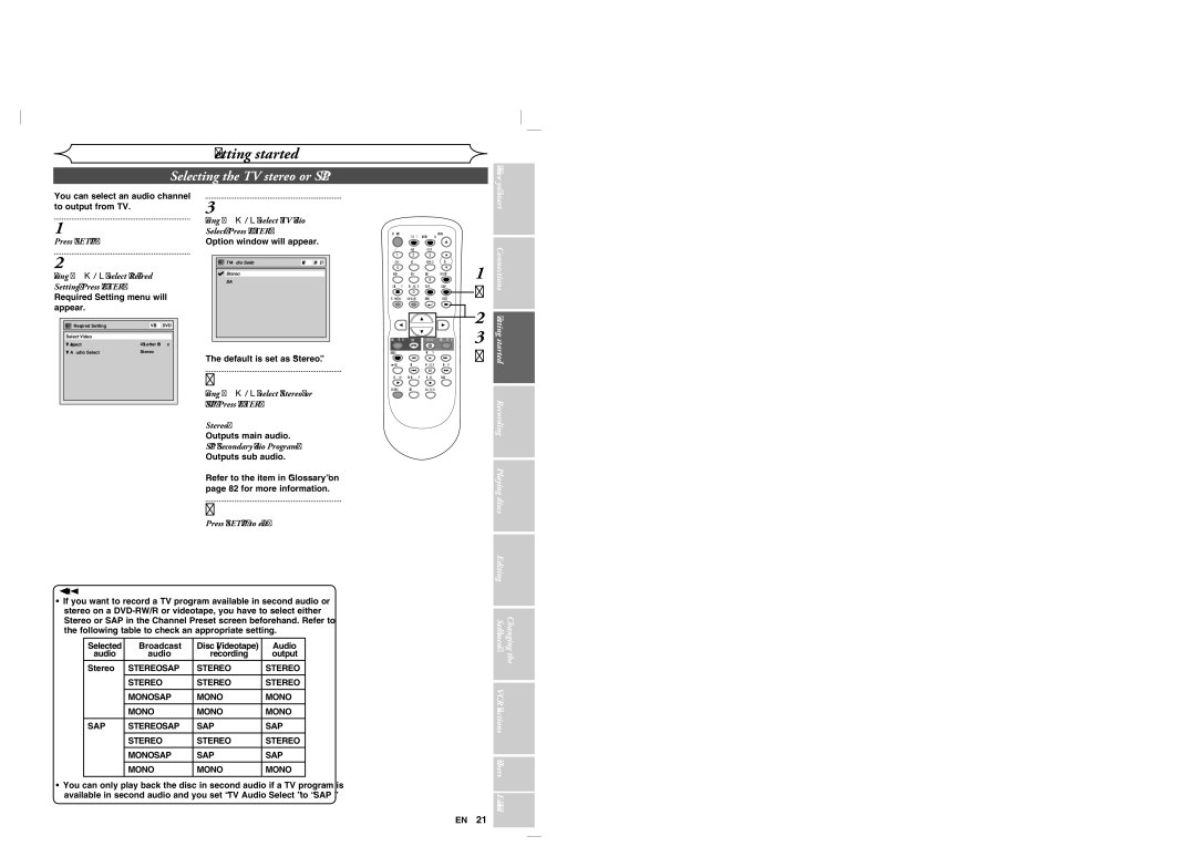 Sylvania DVR90VG manual Selecting the TV stereo or SAP, Using K / L, select TV Audio Select. Press Enter 