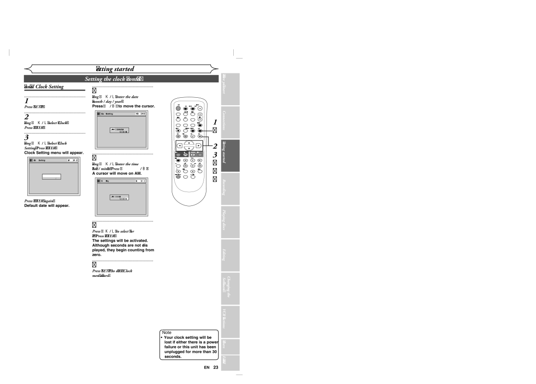 Sylvania DVR90VG manual Setting the clock cont’d, Manual Clock Setting, Playing discs, Changing the Setup menu 