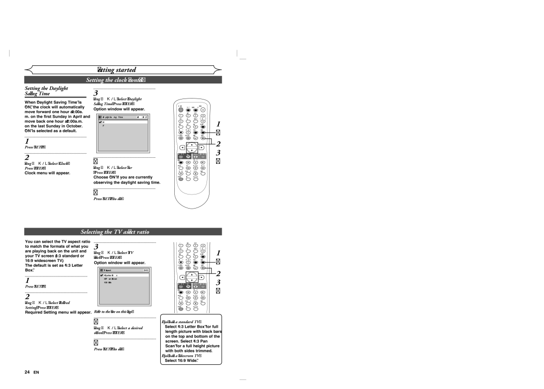 Sylvania DVR90VG manual Selecting the TV aspect ratio, Setting the Daylight Saving Time 