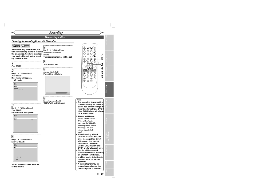 Sylvania DVR90VG manual Formatting a disc, Choosing the recording format of a blank disc 