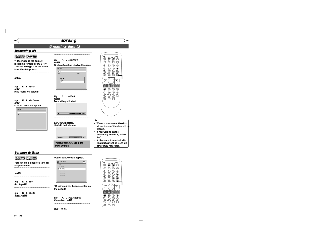 Sylvania DVR90VG manual Formatting a disc cont’d, Reformatting a disc, Setting for Auto Chapter 