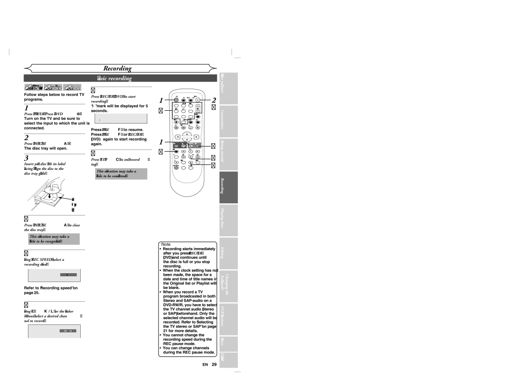 Sylvania DVR90VG manual Basic recording, Disc tray guide 