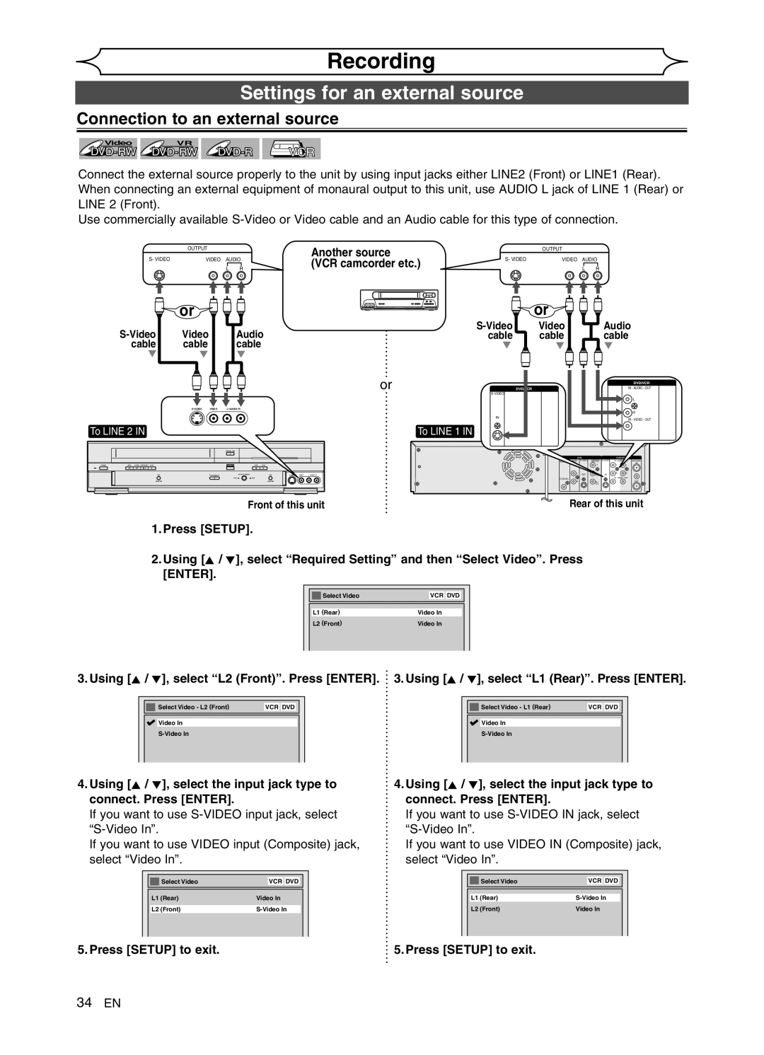 Sylvania DVR90VG manual Settings for an external source, Connection to an external source 