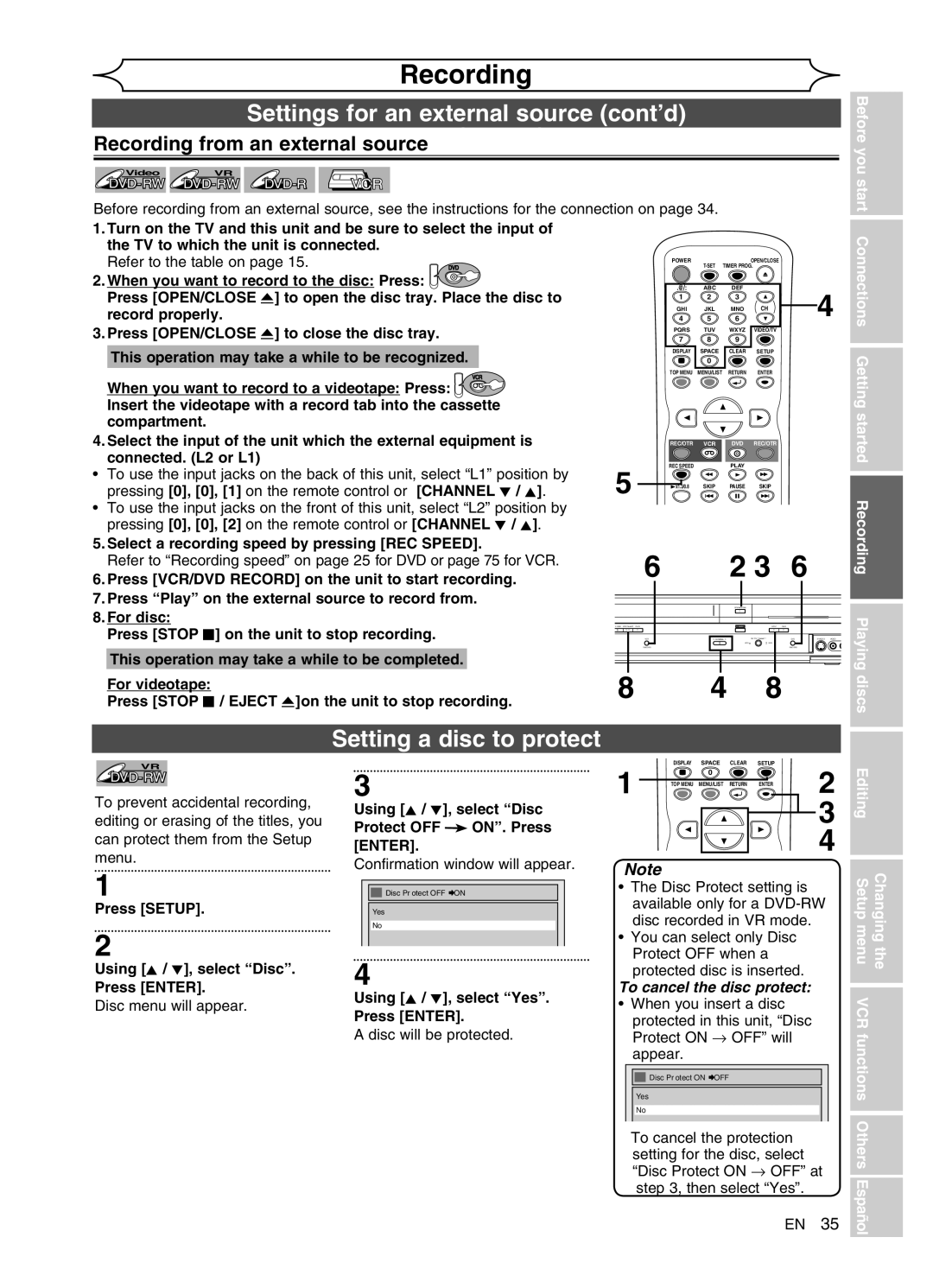 Sylvania DVR90VG Settings for an external source cont’d, Setting a disc to protect, Recording from an external source 