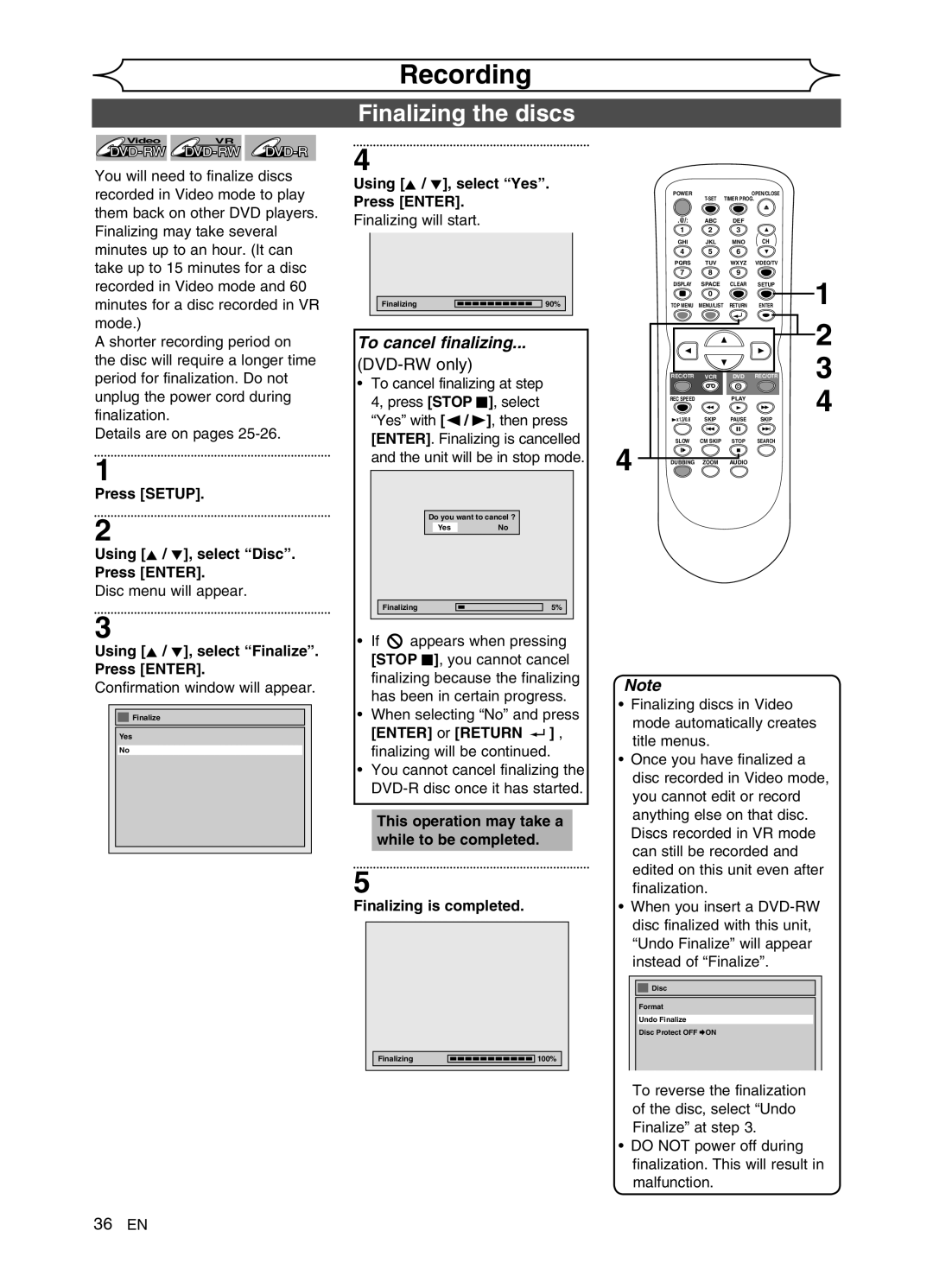 Sylvania DVR90VG manual Finalizing the discs, DVD-RW only, Using K / L, select Finalize. Press Enter, 36 EN 