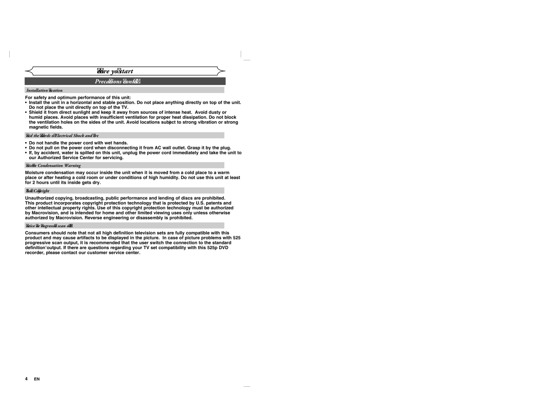 Sylvania DVR90VG Installation Location, Avoid the Hazards of Electrical Shock and Fire, Moisture Condensation Warning 