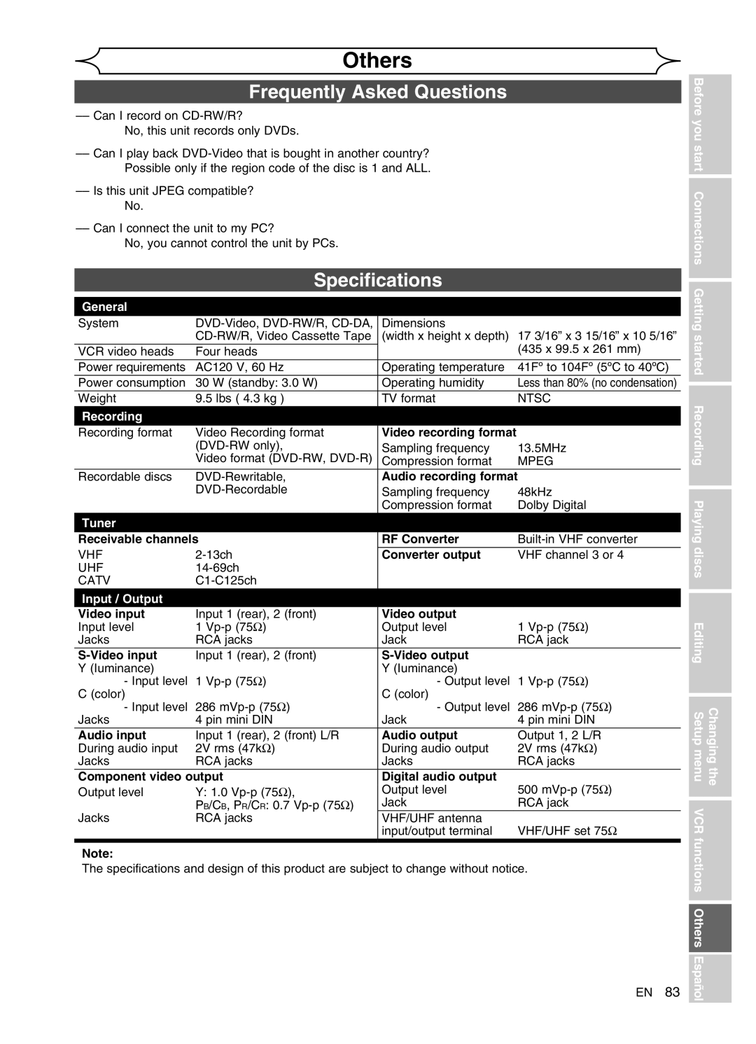 Sylvania DVR90VG manual Frequently Asked Questions, Specifications, General, Tuner, Input / Output 