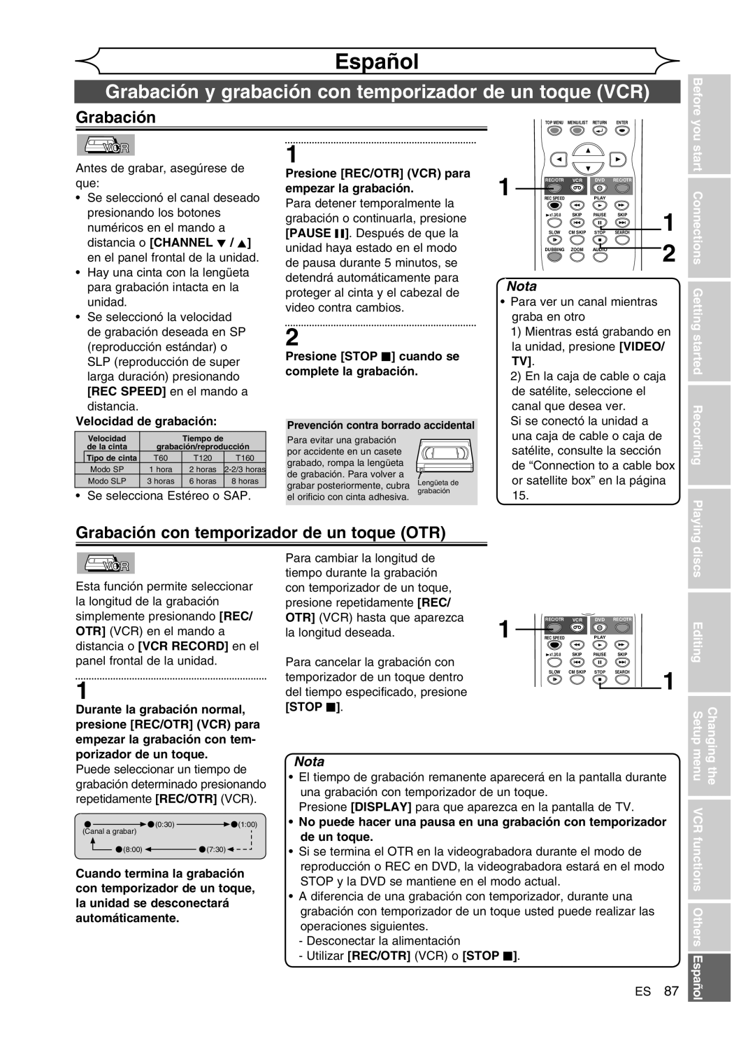 Sylvania DVR90VG manual Grabación con temporizador de un toque OTR, Stop C 