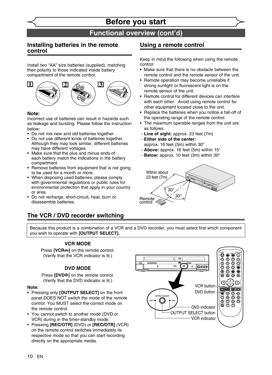 Sylvania DVR91VG manual Installing batteries in the remote control, Using a remote control, VCR / DVD recorder switching 