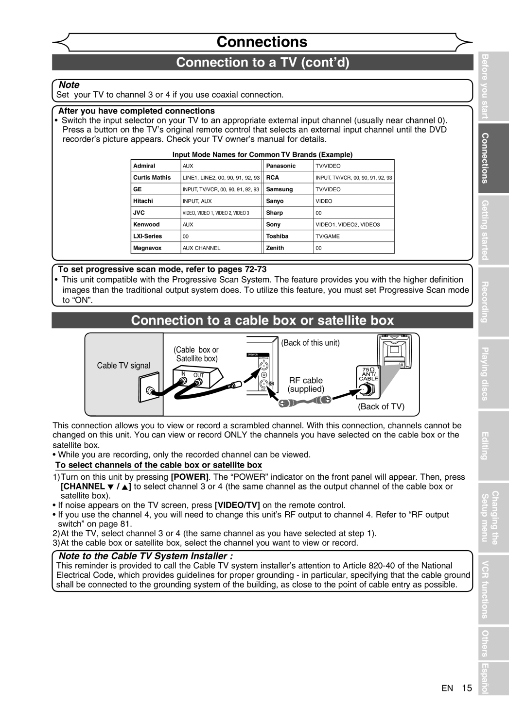 Sylvania DVR91VG manual Connection to a TV cont’d, Connection to a cable box or satellite box, Playing discs 