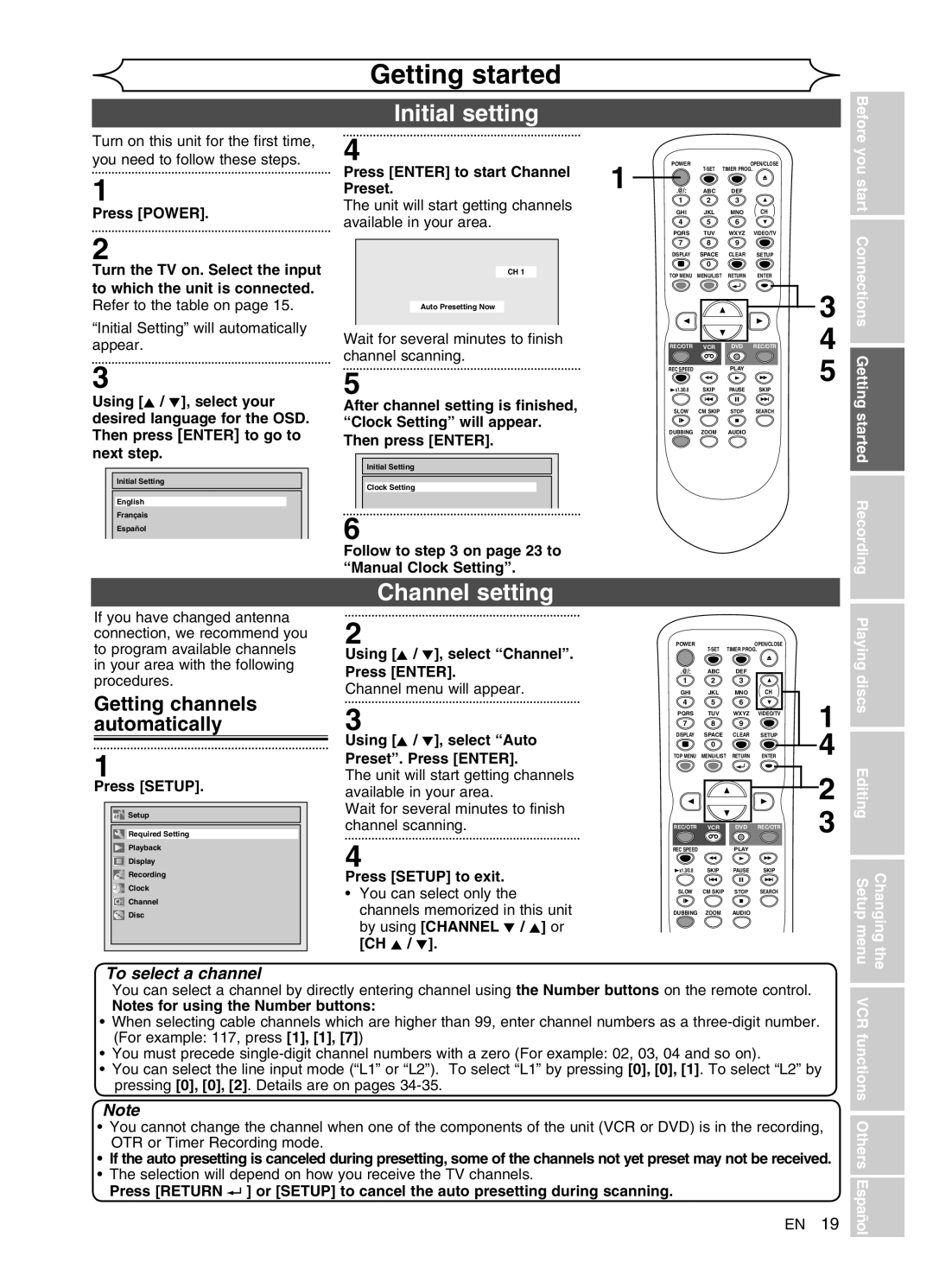 Sylvania DVR91VG manual Initial setting, Channel setting, Getting channels automatically 