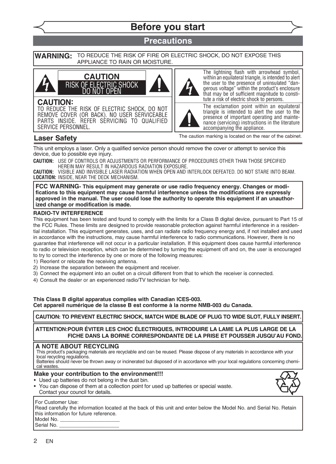 Sylvania DVR91VG manual Before you start, Precautions, Laser Safety, Make your contribution to the environment 