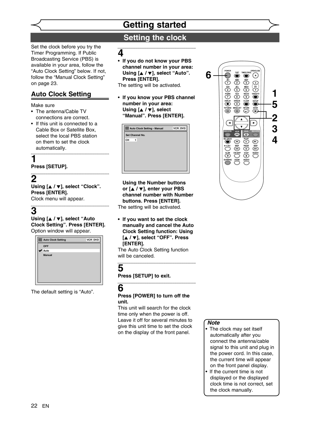 Sylvania DVR91VG manual Setting the clock, Auto Clock Setting, Press Setup Using K / L, select Clock Press Enter 