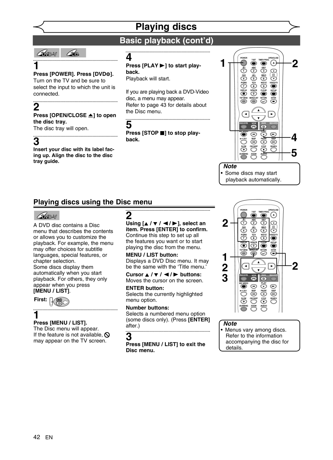 Sylvania DVR91VG manual Basic playback cont’d, Playing discs using the Disc menu 