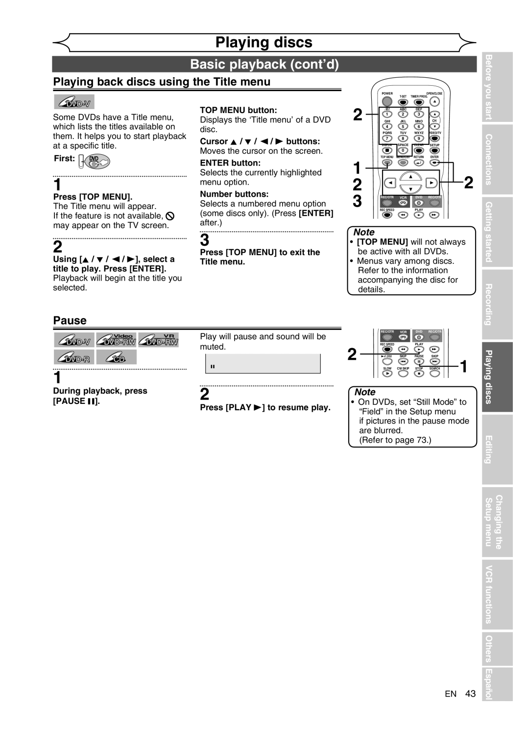 Sylvania DVR91VG manual Playing back discs using the Title menu, Pause, You 