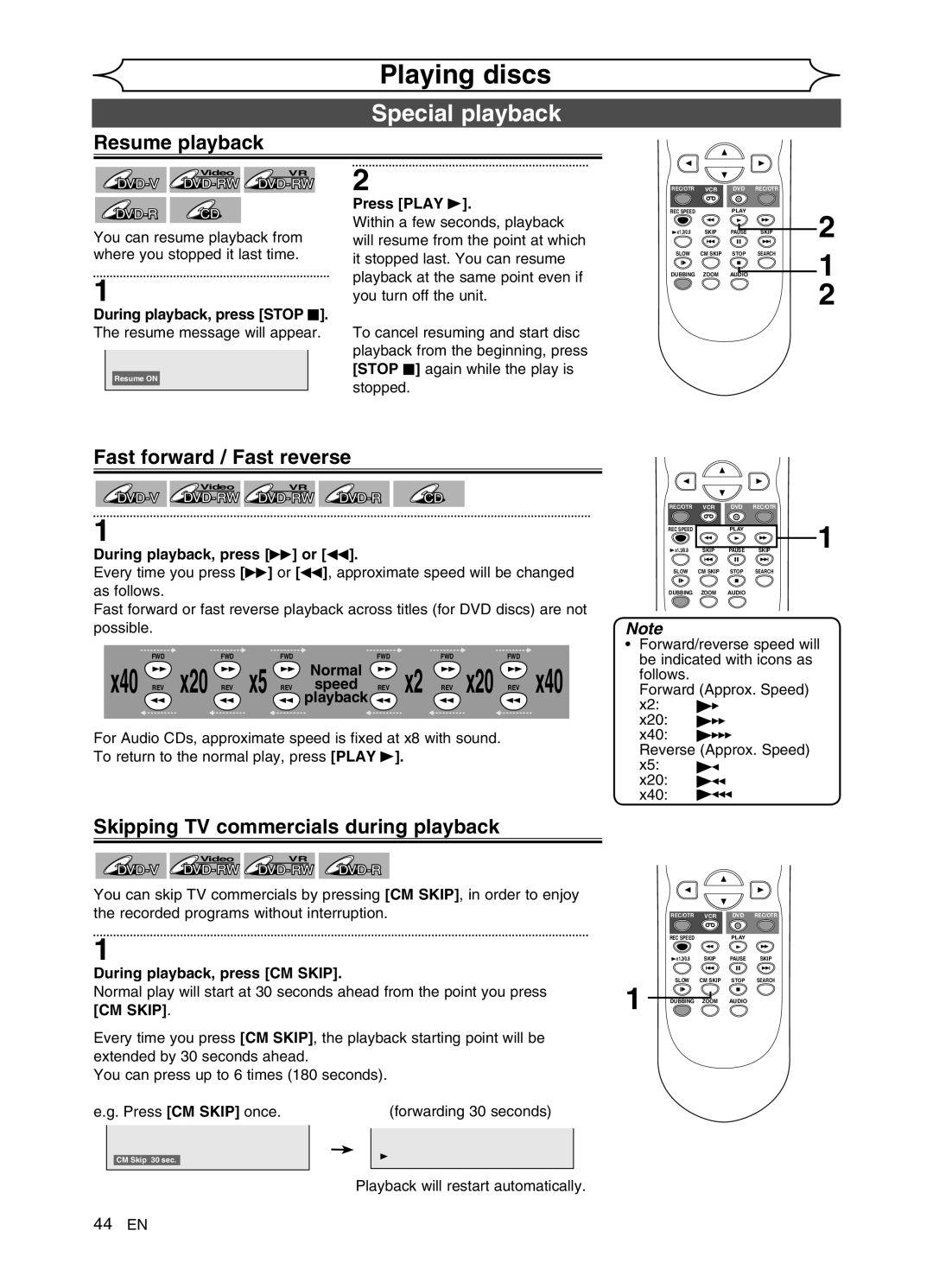 Sylvania DVR91VG manual Special playback, Resume playback, Skipping TV commercials during playback, X40 