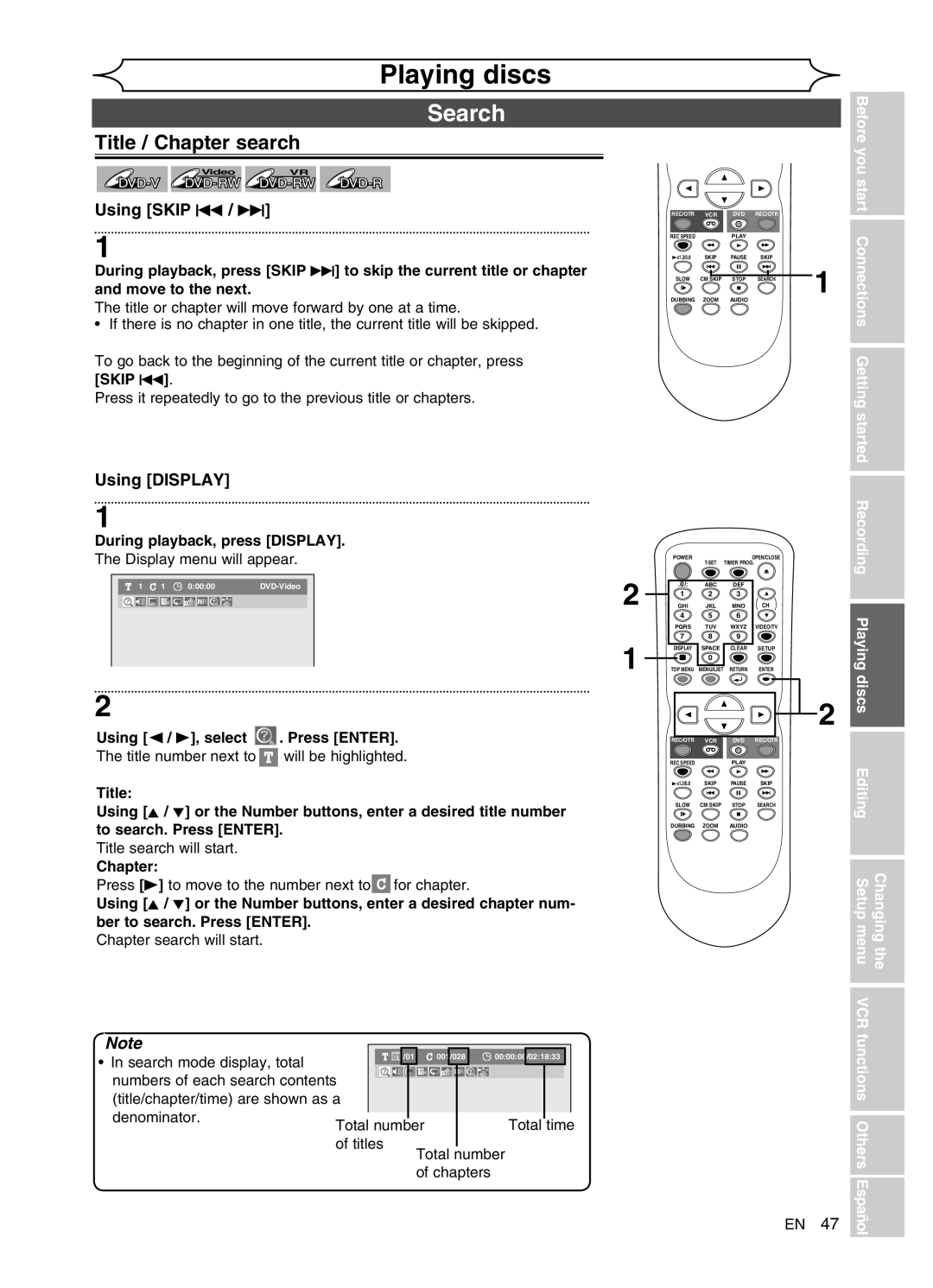 Sylvania DVR91VG manual Search, Title / Chapter search, Using Skip H / G, Using Display 