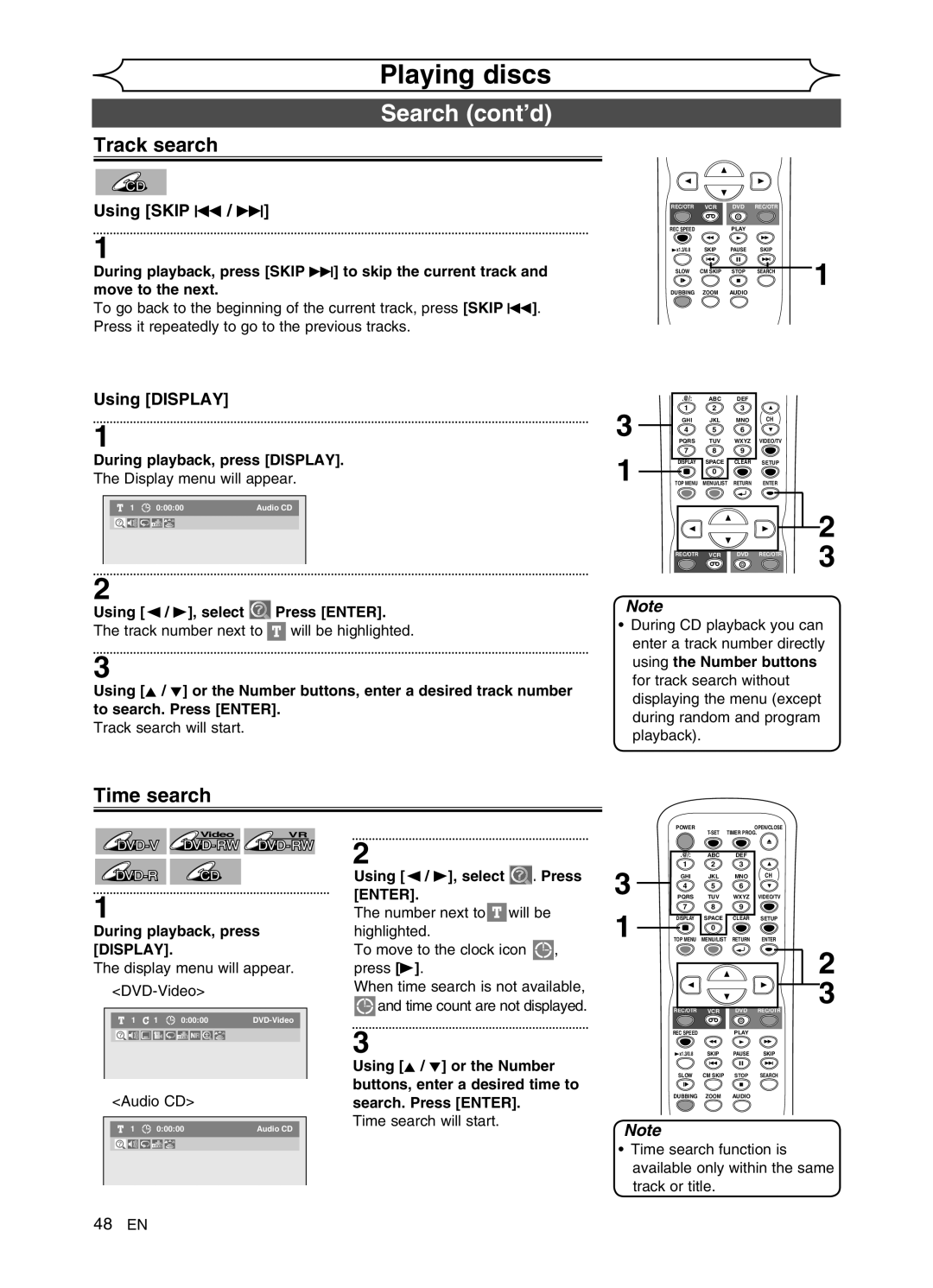 Sylvania DVR91VG manual Search cont’d, Track search, Time search, Using / B, select Press Enter 