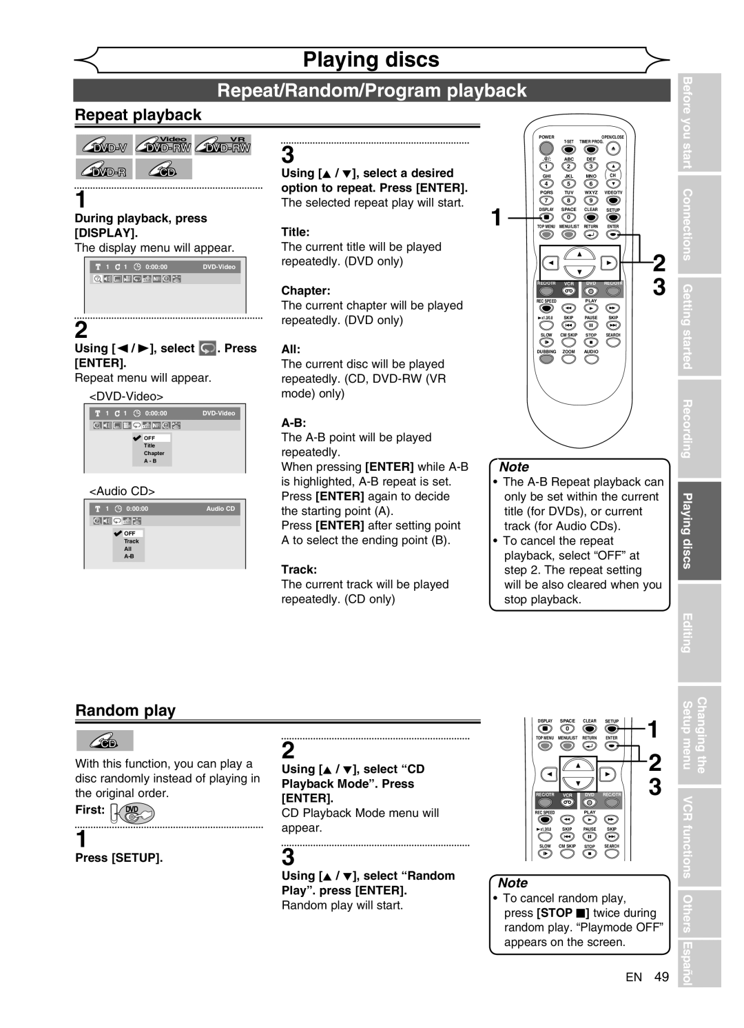 Sylvania DVR91VG manual Repeat/Random/Program playback, Repeat playback, Random play 