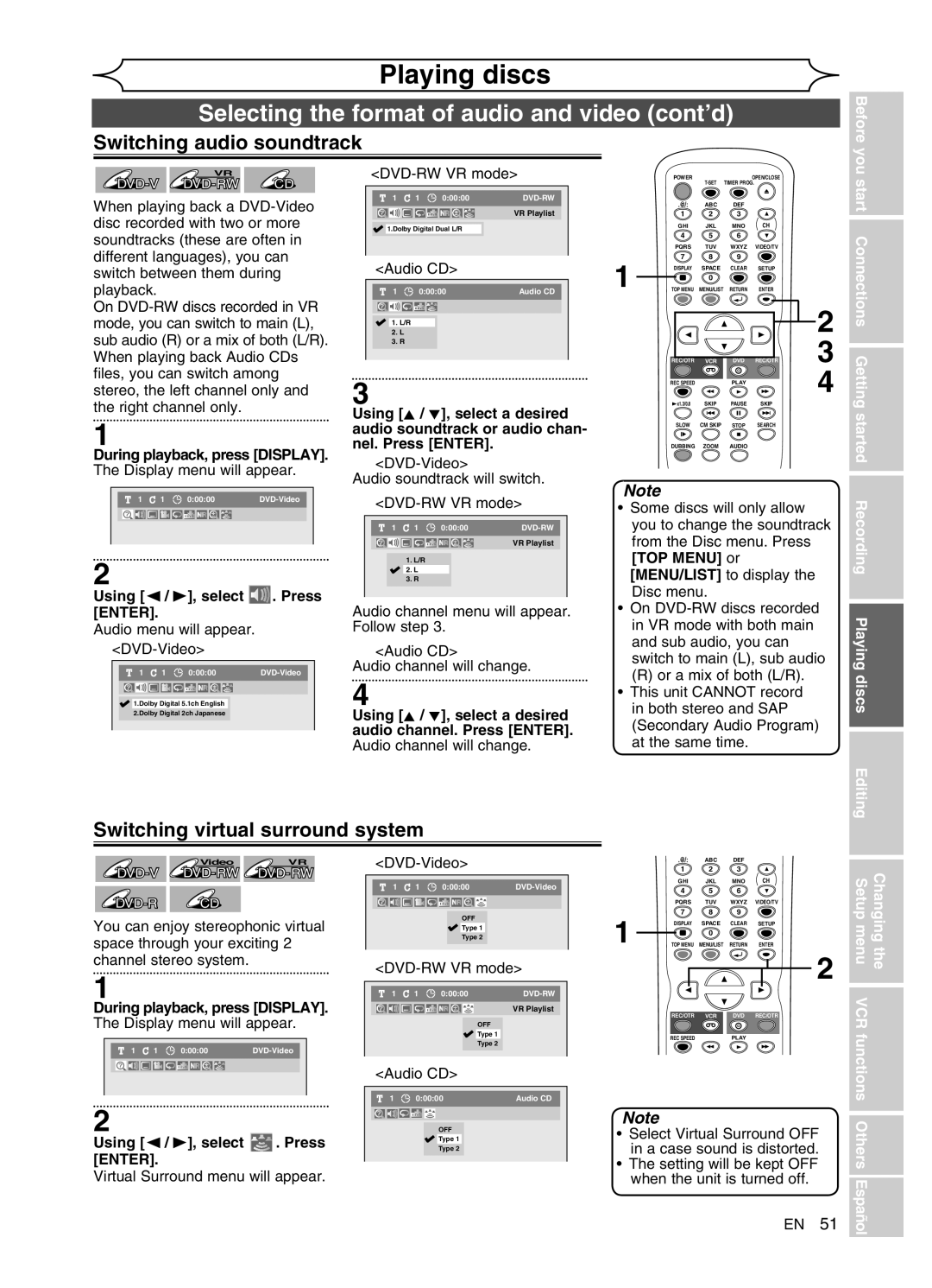 Sylvania DVR91VG manual Selecting the format of audio and video cont’d, Switching audio soundtrack, Enter, Functions Others 