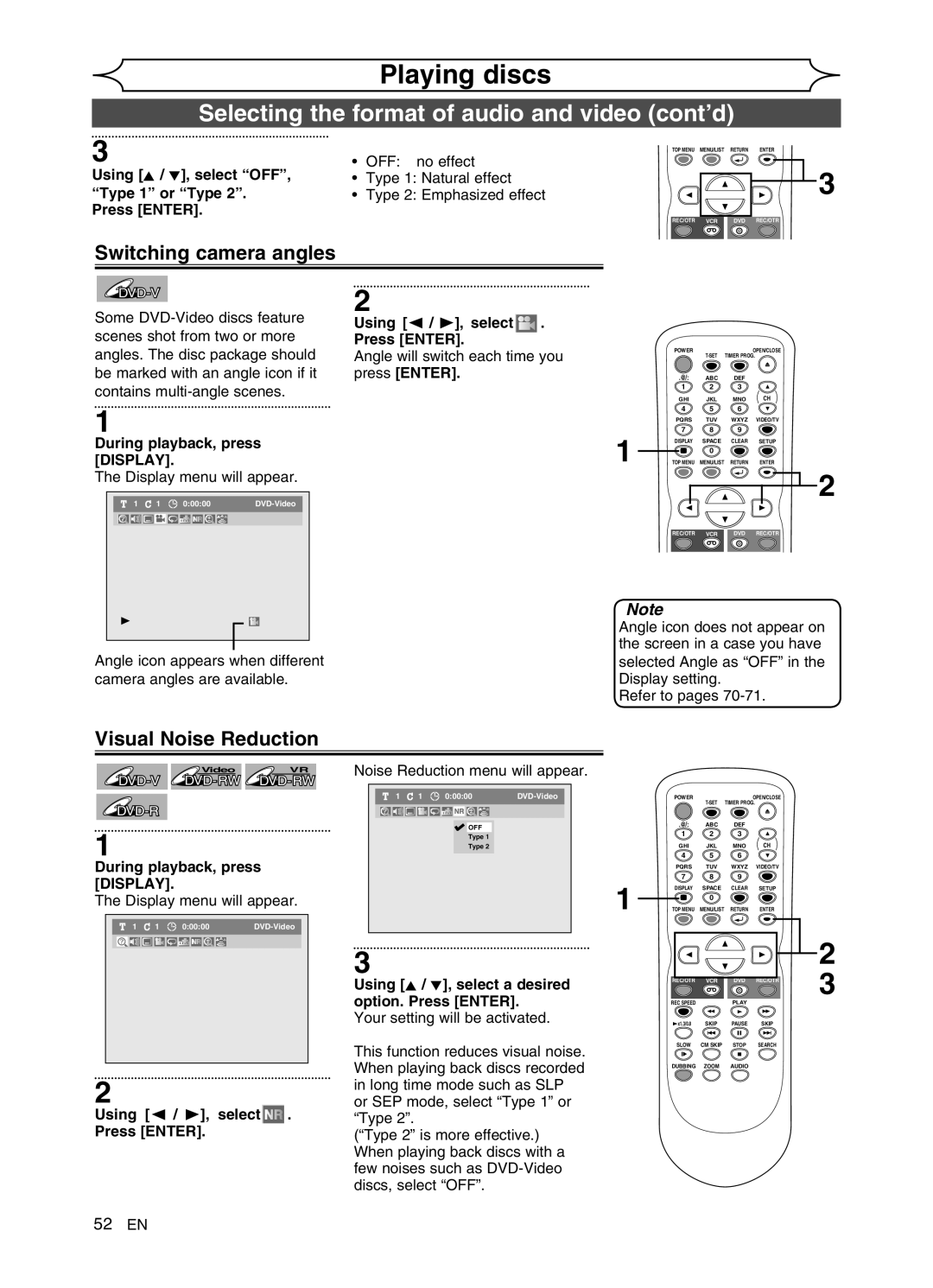 Sylvania DVR91VG manual Switching camera angles, Visual Noise Reduction, Using K / L, select OFF, Type 1 or Type 