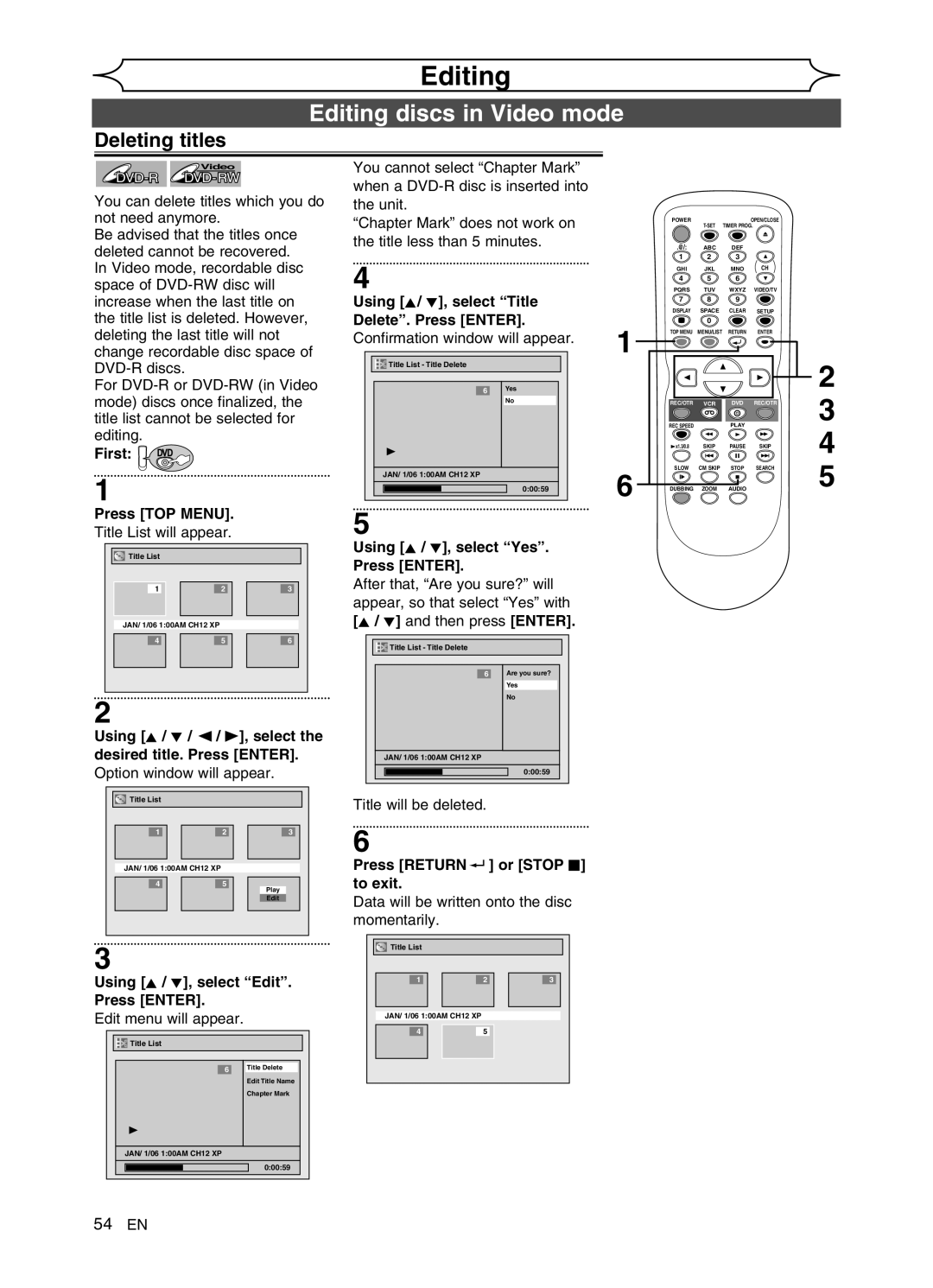 Sylvania DVR91VG manual Editing discs in Video mode, Deleting titles 