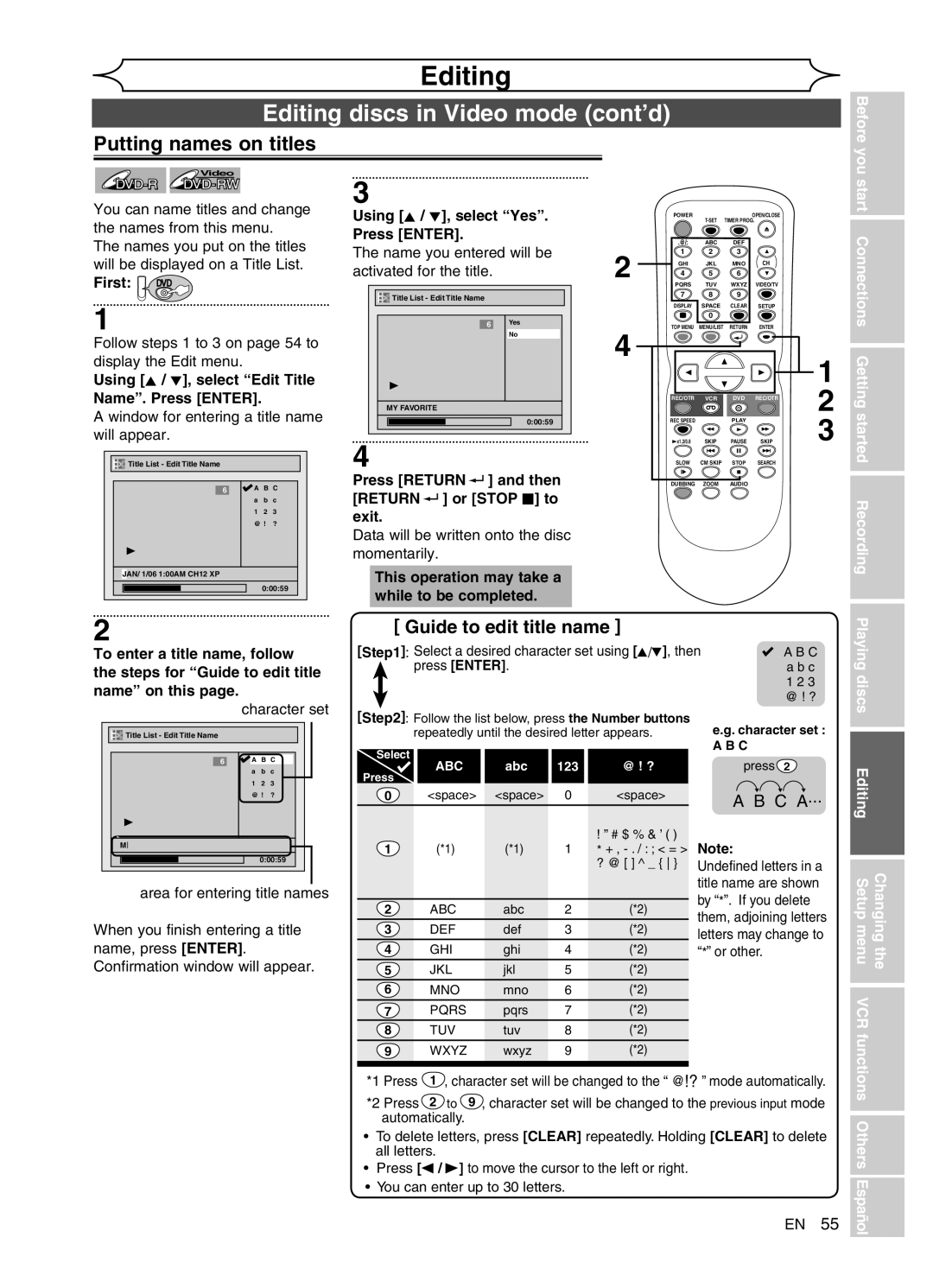 Sylvania DVR91VG manual Editing discs in Video mode cont’d, Putting names on titles, Start Connections Getting 