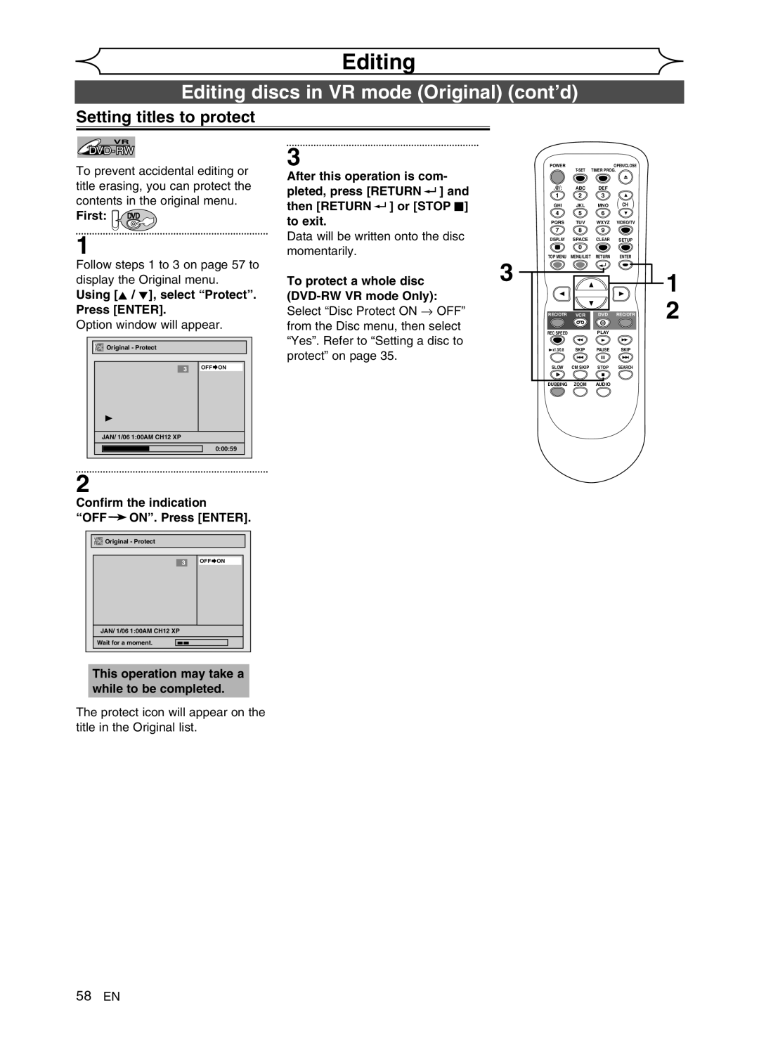 Sylvania DVR91VG manual Editing discs in VR mode Original cont’d, Setting titles to protect, To exit 